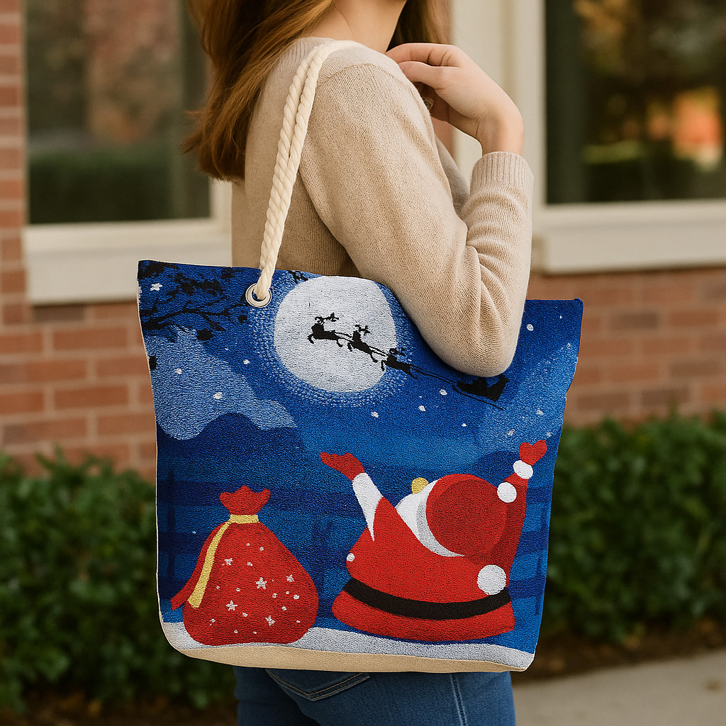 Holiday Santa Themed Bag Embroidered Rope Handle Christmas Shopping Tote
