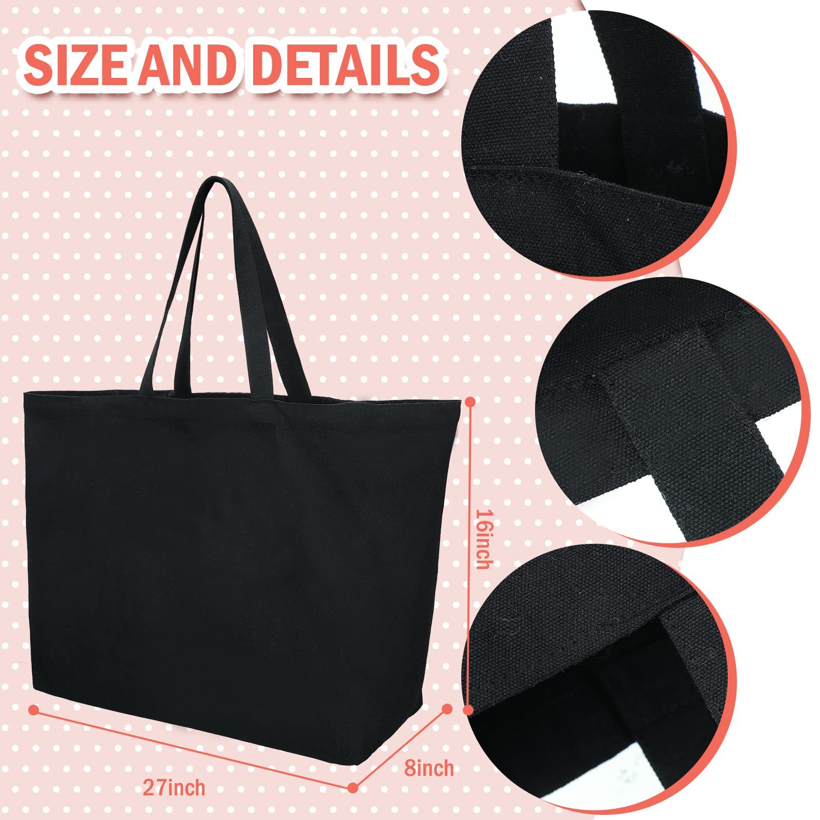 6 Extra Large Canvas Tote Bags Black XL Heavy Duty Grocery Beach Totes 28 x 8…