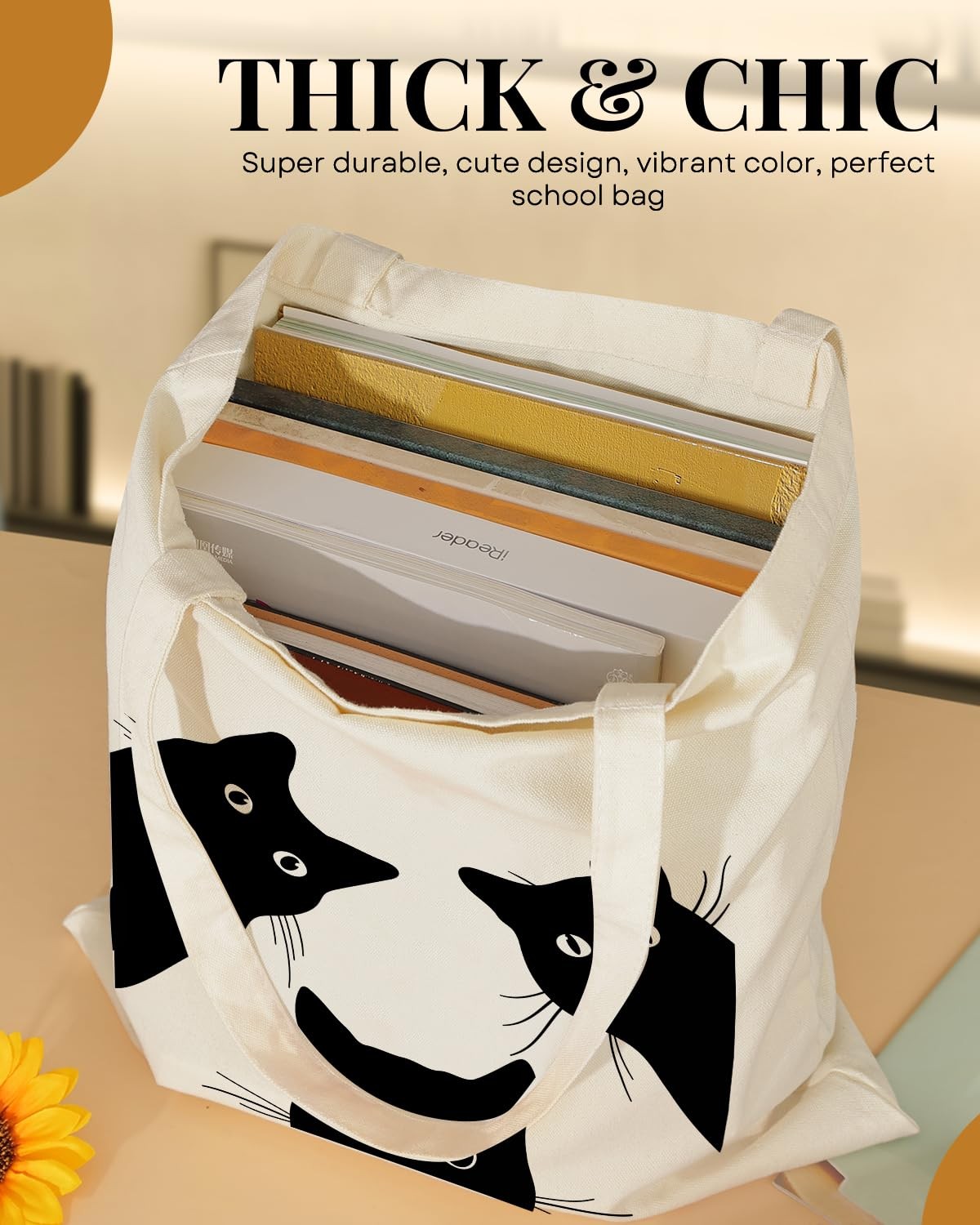 AUSVKAI Canvas Tote Bag Aesthetic for Women, Cute Cat Reusable Cotton Cloth C…
