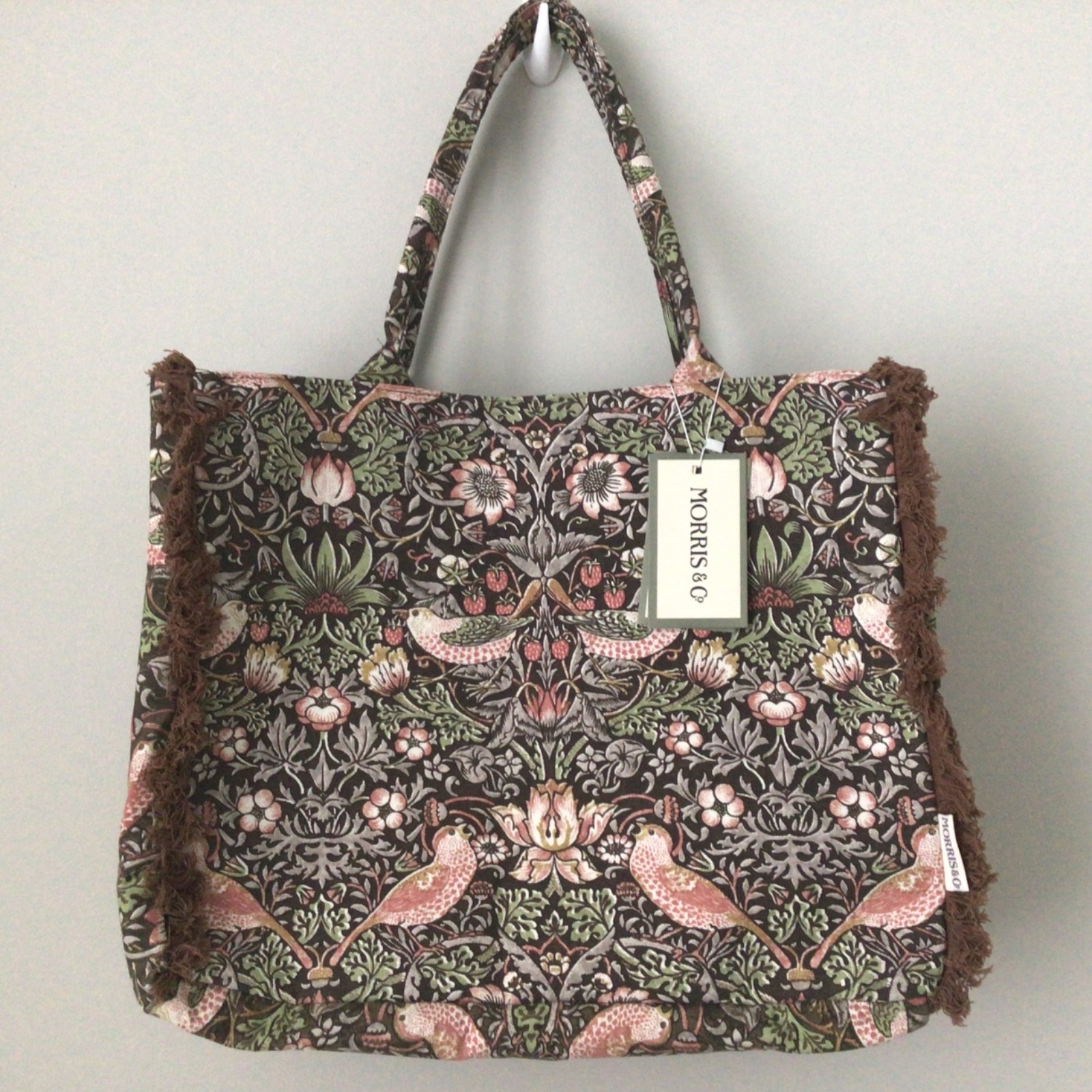 William Morris Canvas Tote Bag with Fringe Strawberry Thief Brown NWT
