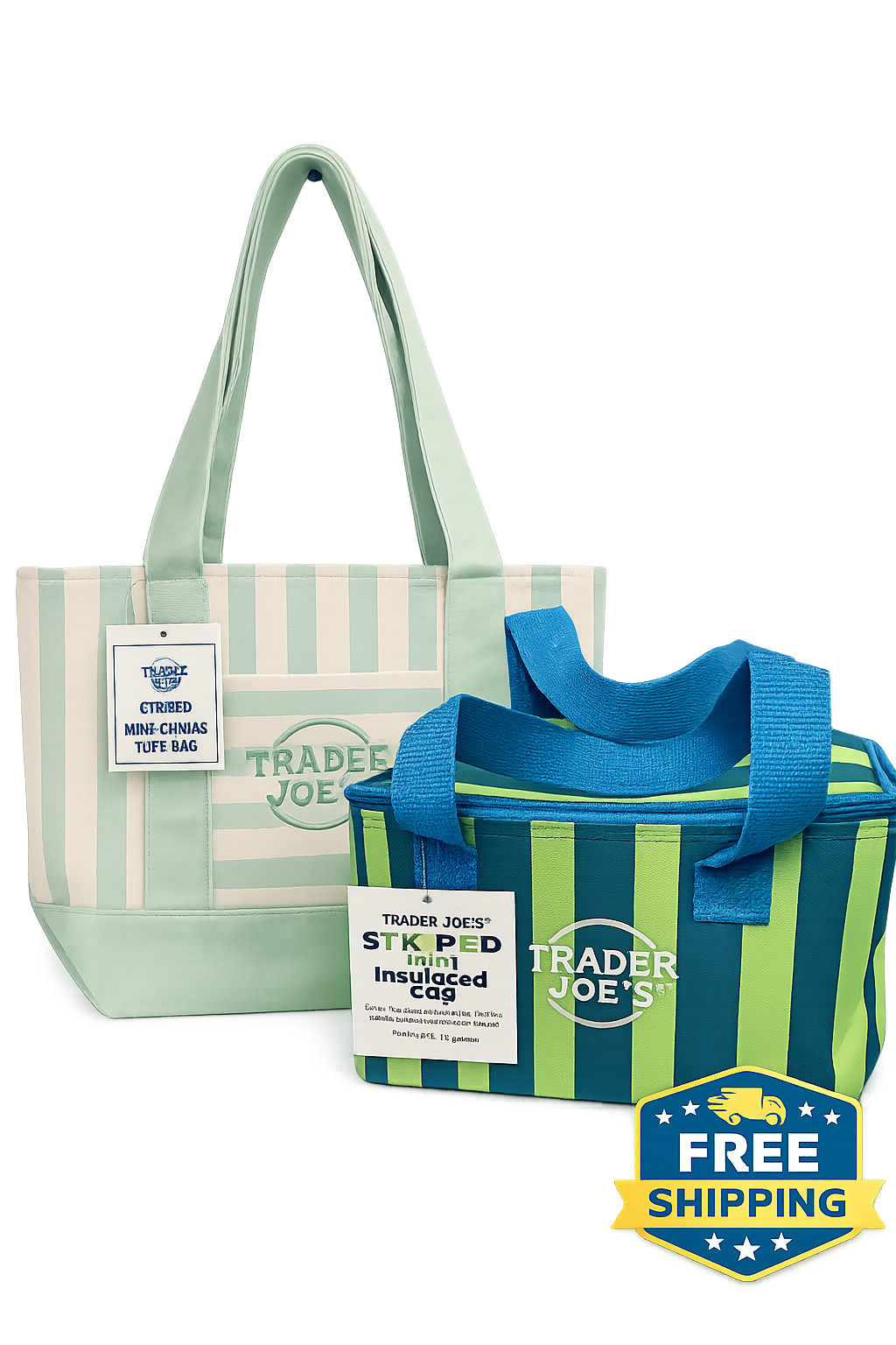 Trader Joe’s Green Striped Tote & Insulated Lunch Bag Bundle Set NEW