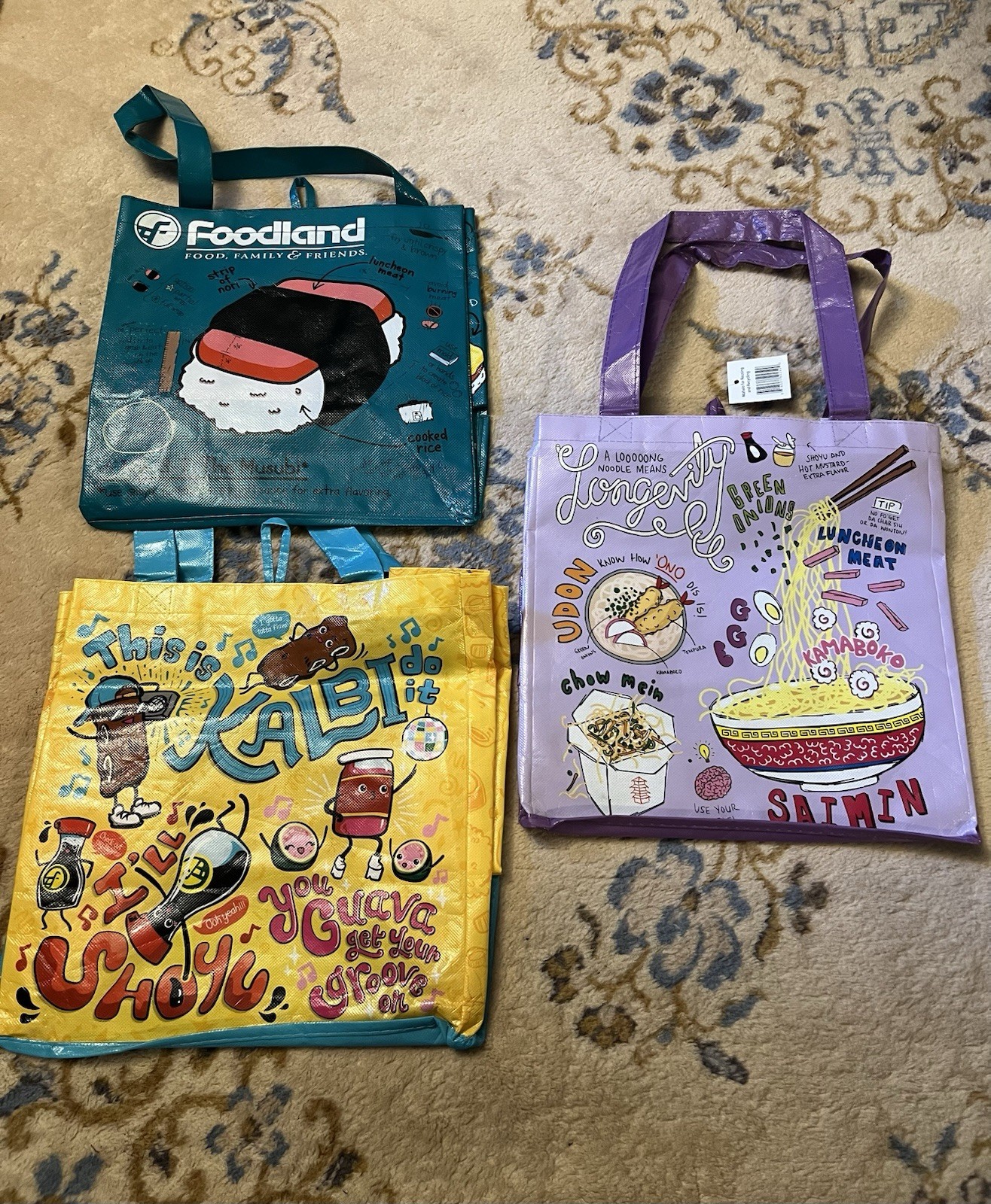 Foodland Hawaii Set Of 3 Reusable Tote Bags ~ Spam Musubi Pho Noodles Pun Poke