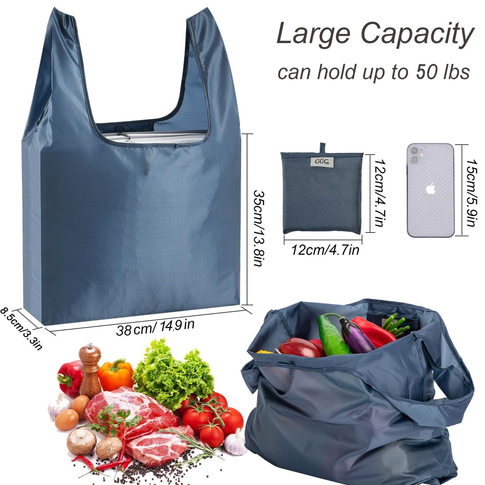 Large Reusable Bags Shopping Washable Foldable 6 Pack Large, Gray