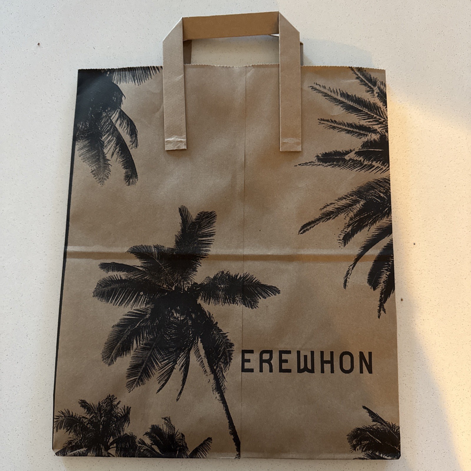 EREWHON Organic Los Angeles Market Brown Black Palm Print Paper Bag Used Once