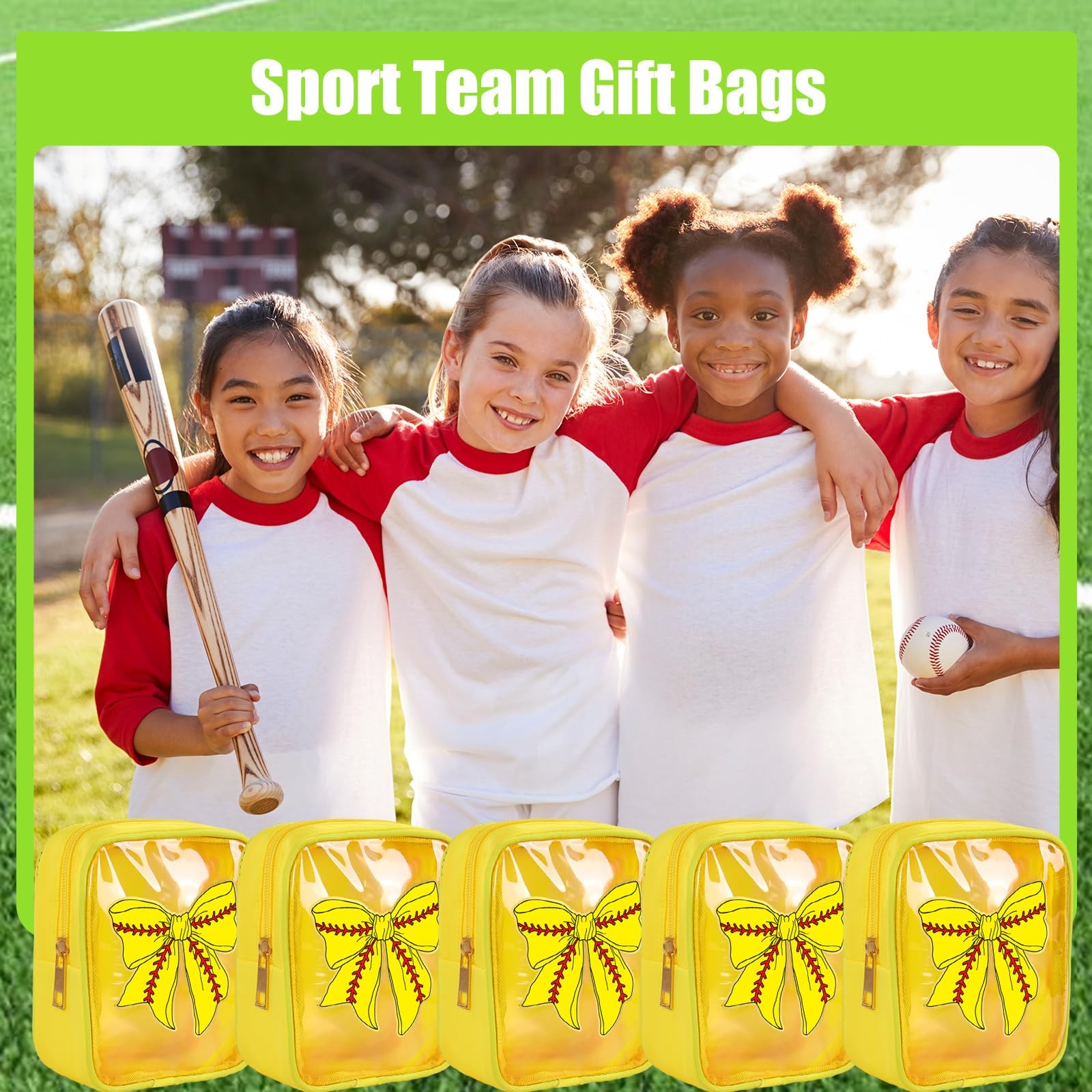 JarThenaAMCS 12Pcs Softball Bow Clear Makeup Bags Yellow Red
