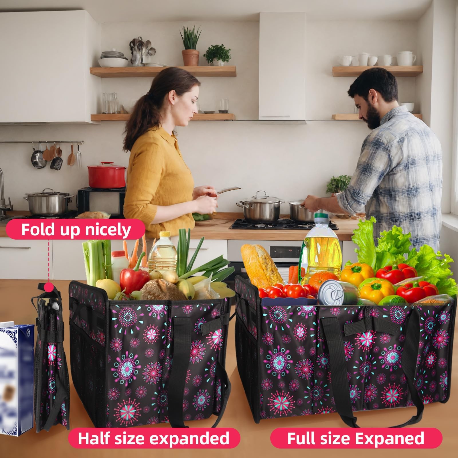 Extra Large Utility Tote Bag with Wire Frame Collapsible Reusable Grocery Bag…