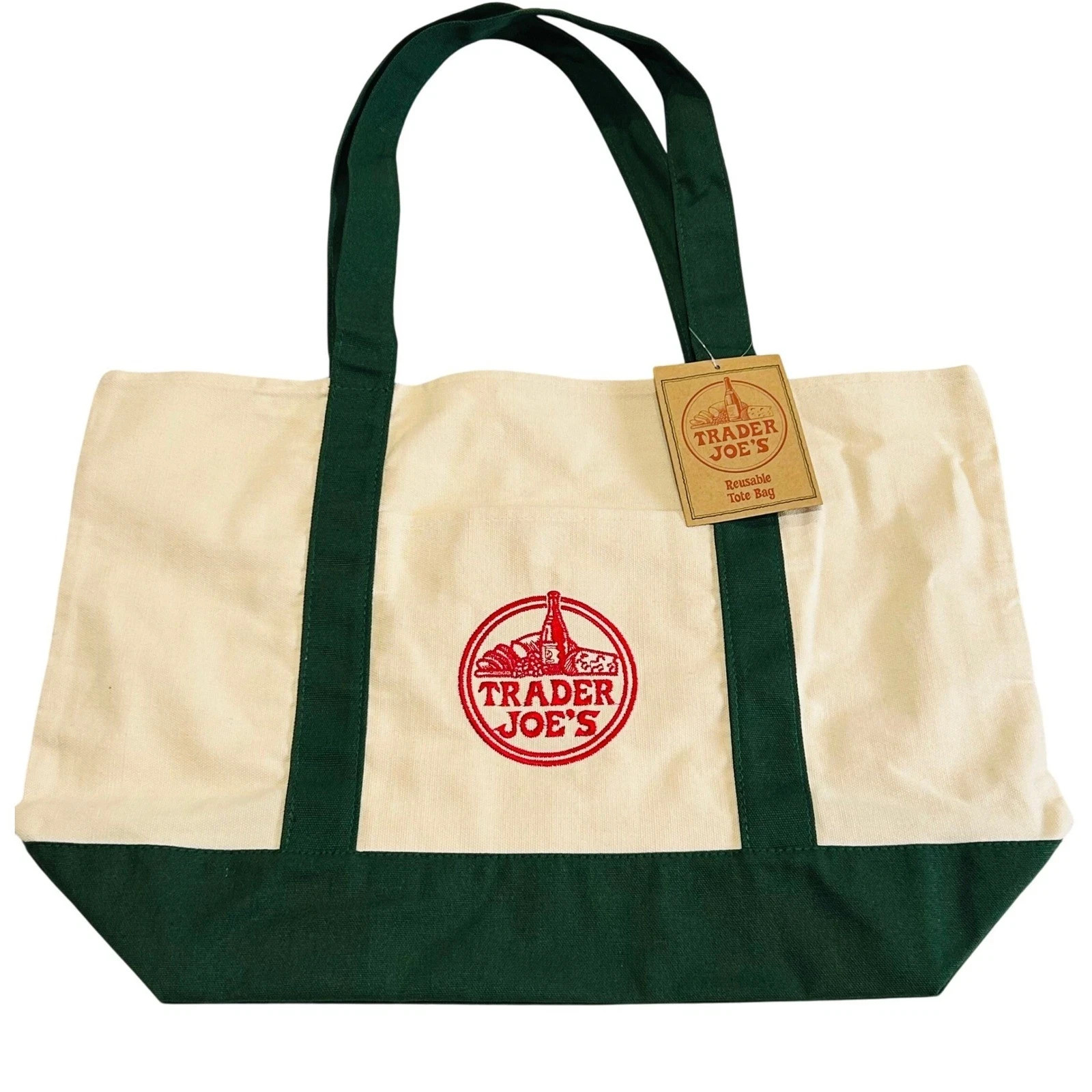 Trader Joe’s 2025 Christmas Green LARGE Canvas Shopping Bag, Off White