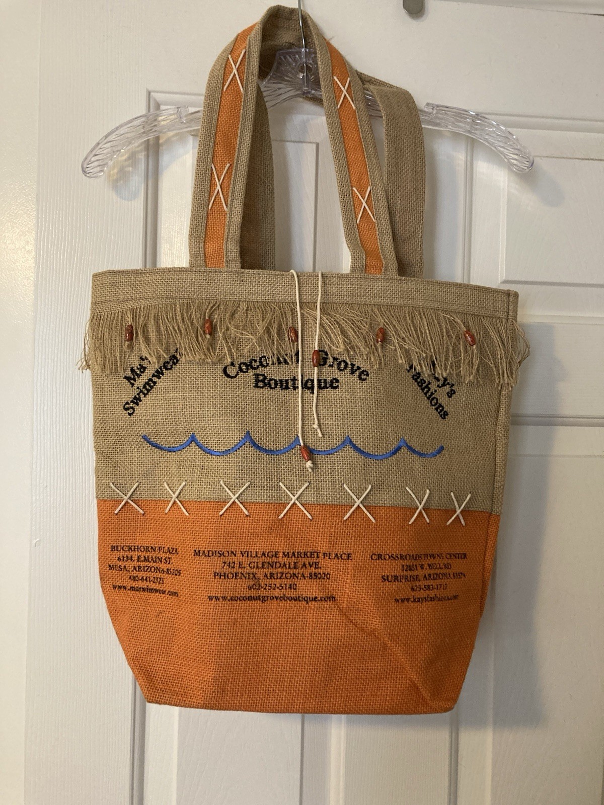 Coconut Grove Boutique Burlap Foldable Reusable Summer Beach Bag Orange Beige