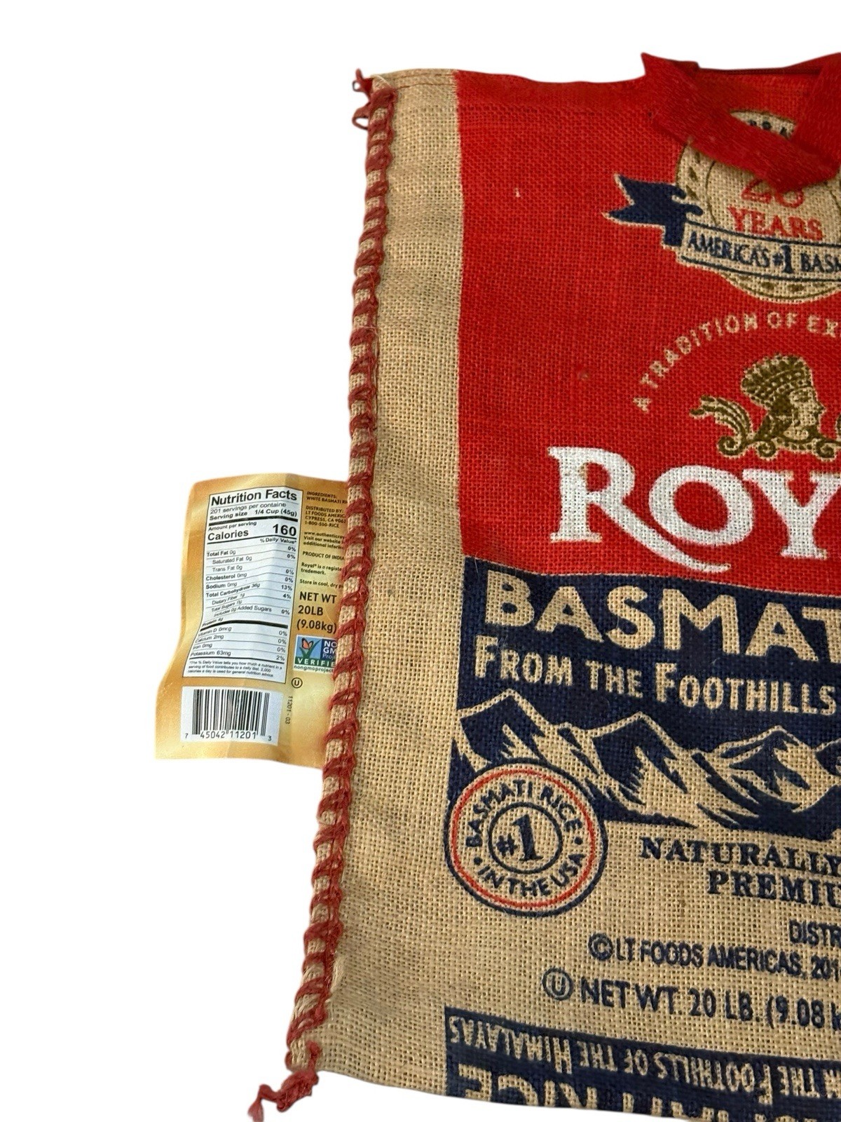 Royal Basmati Rice Zipper Tote Bag Upcycled Burlap Grocery Market Bag