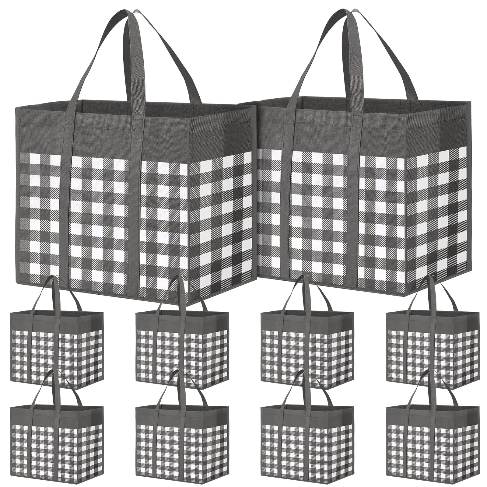 10 PCS Reusable Grocery Shopping Bags Foldable Reinforced Handles Grey White