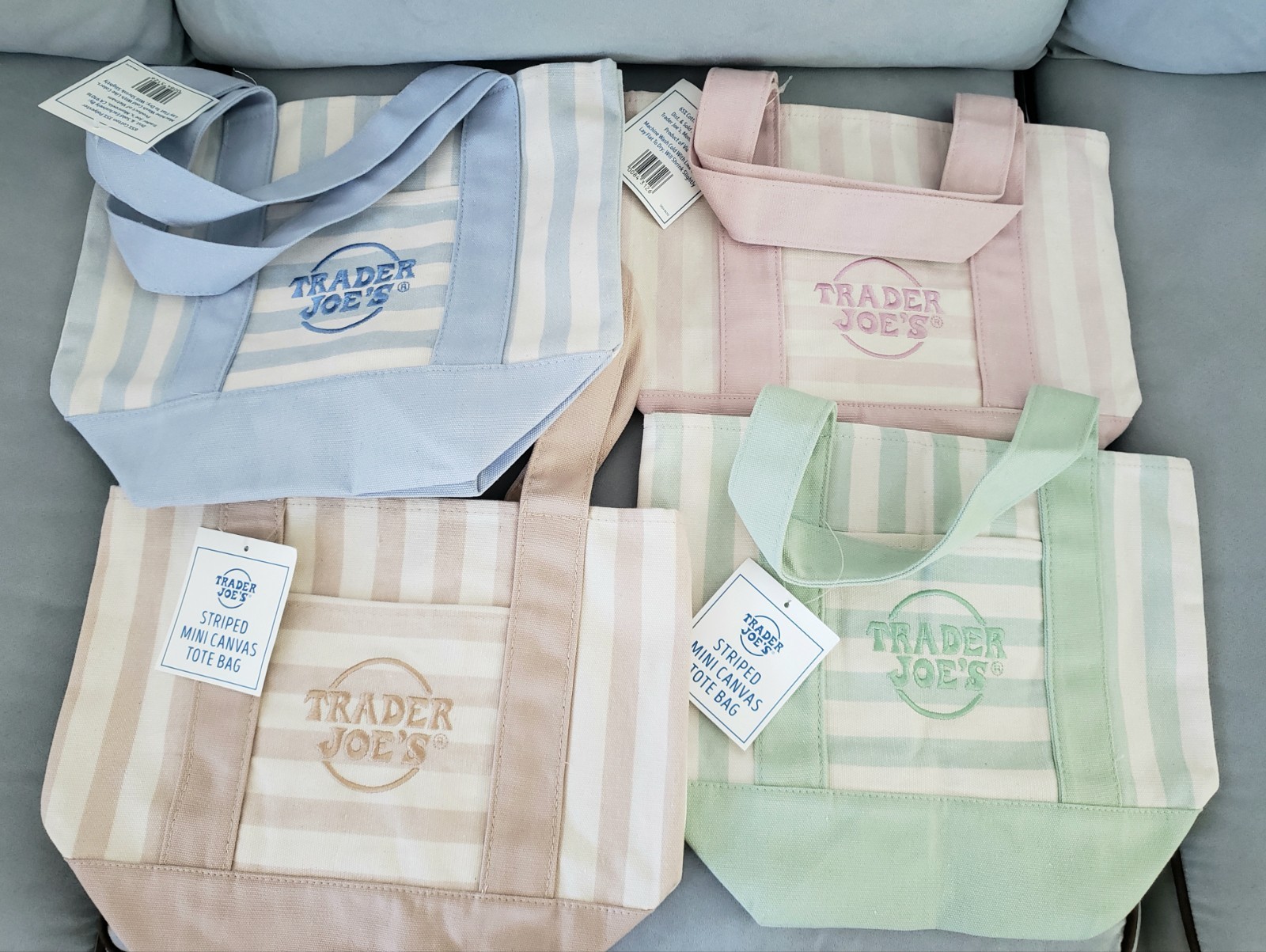 Trader Joe’s Mini Pastel Stripe Canvas Tote Bag Set Of 4 Blue Pink Green Beige