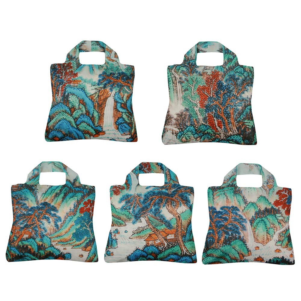 Reusable Grocery Bags, Set of 5, Multicolored Ink Landscape Design, CS Series…