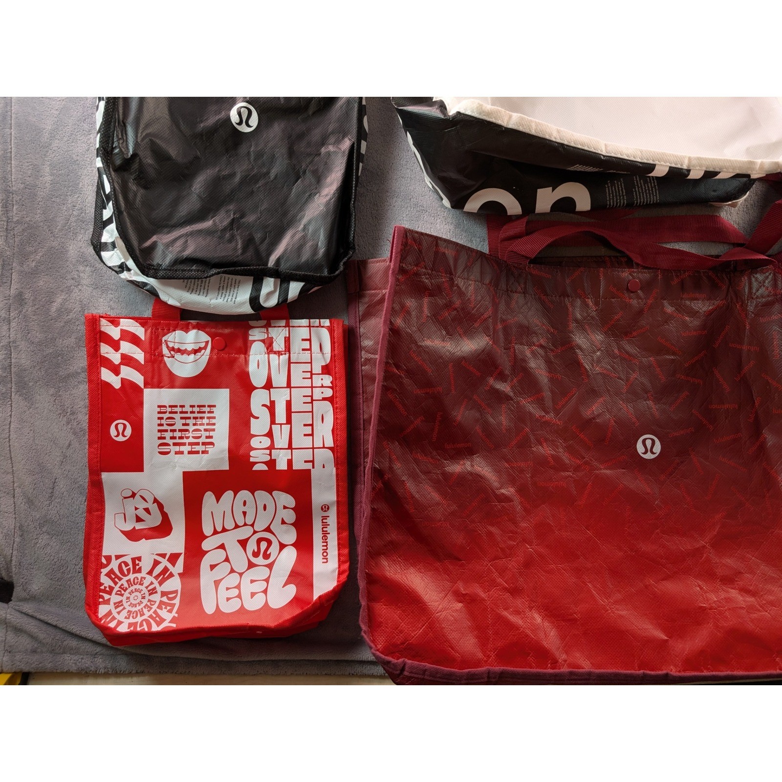 Lululemon Reusable Shopping Tote Bag Lot of 12 Red Black Lime Small Medium Large