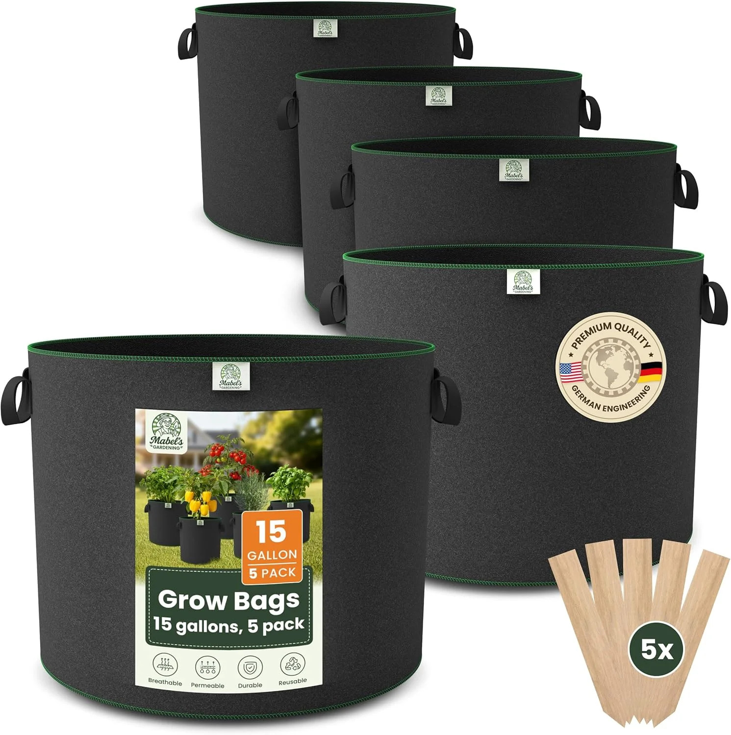 Mabel’s Gardening 5-Pack 15 Gallon Grow Bags – Garden Planting Bags 17.7 x 14.2
