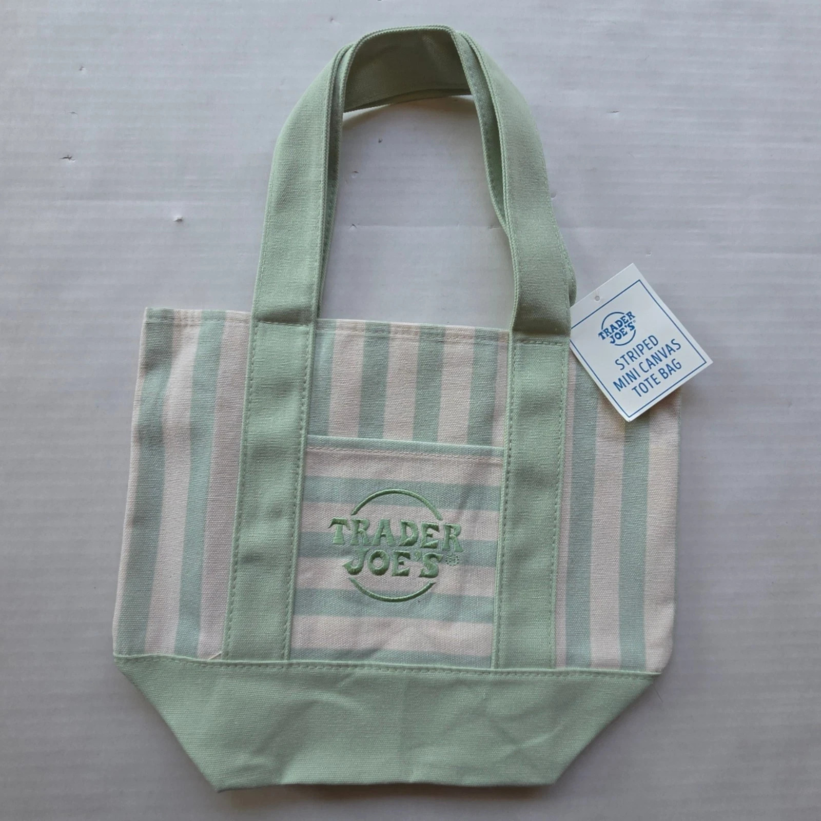Trader Joe’s MINI Canvas Reusable Bag, w/ Off White or Tan, LIGHT GREEN STRIPES