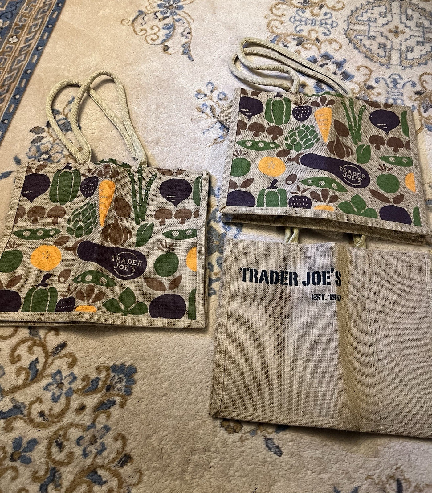 3 Trader Joe’s Jute Burlap Expand Tote Bag Vegetables Eggplant Yes Nautical Flag