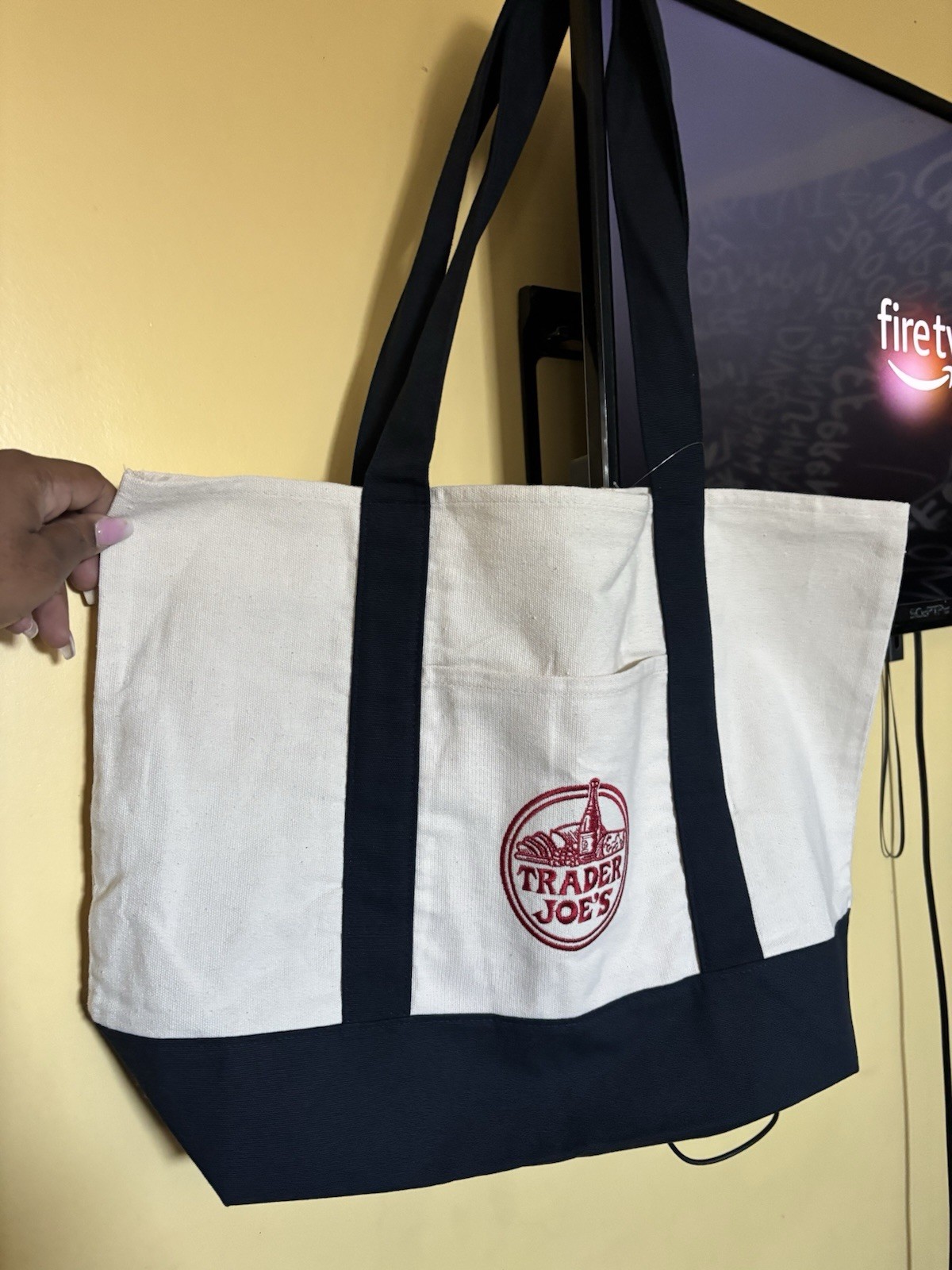 Trader Joe’s Foldable Reusable Shopping Bag Beige Navy Blue Cotton Polyester