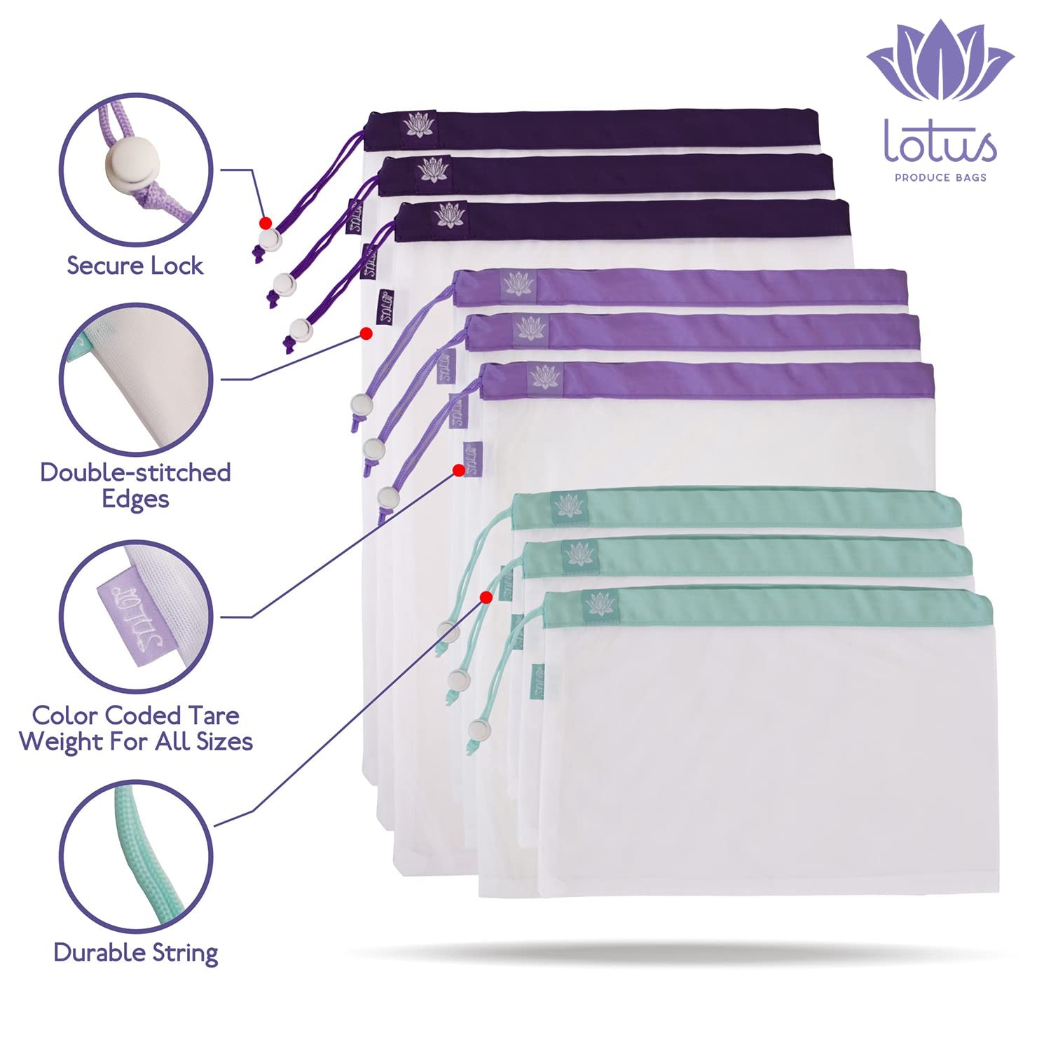 Lotus Reusable Produce Bags Mesh (9 Pack) – Premium 9 Pack, White