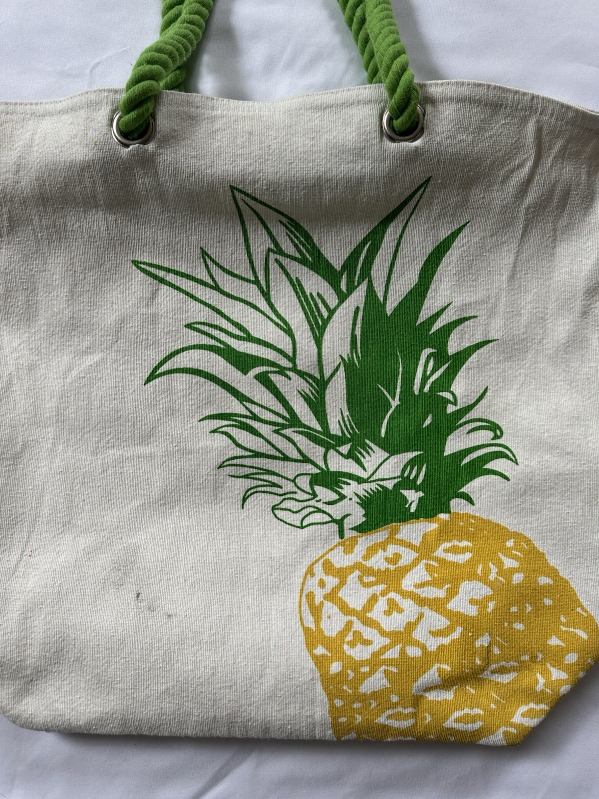 Canvas Tote Bag Pineapple Print Green Rope Handles Foldable Beige Yellow Beach