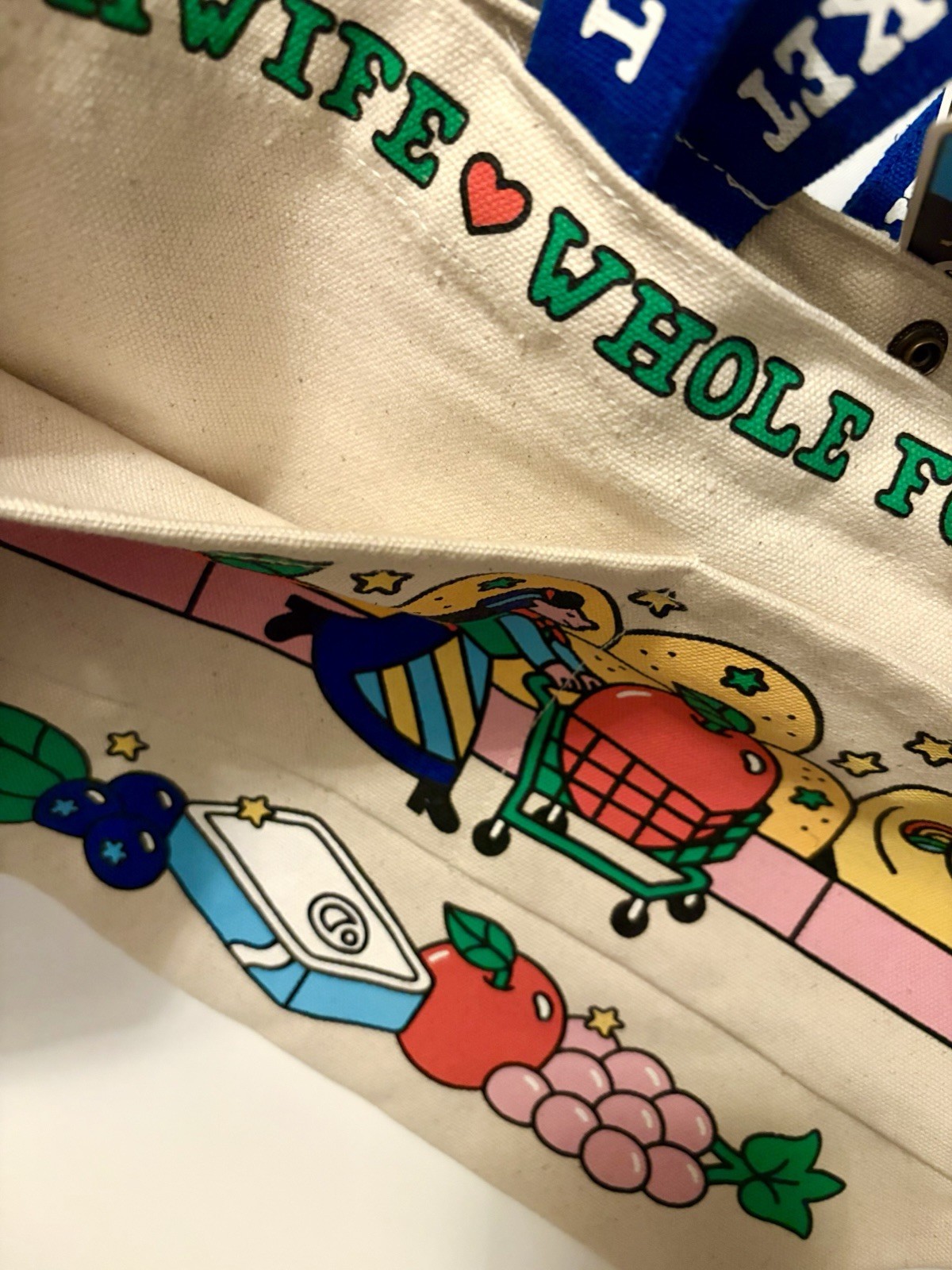 Whole Foods Market Fishwife Reusable Tote Bag Medium Blue Handles Multicolor