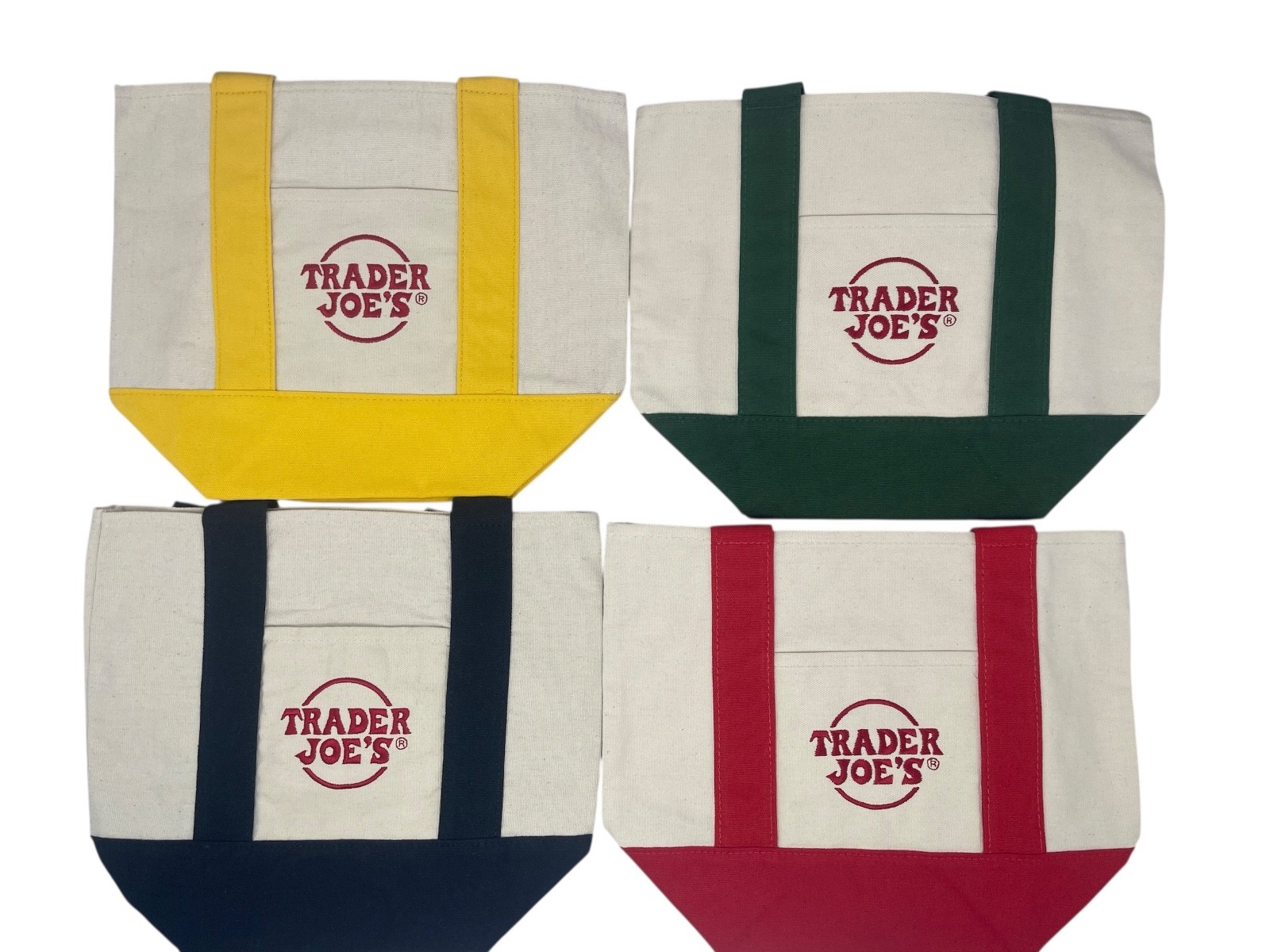 TRADER JOES Mini Canvas Tote Bag COMPLETE SET OF 4 Blue Red Green Yellow NWT