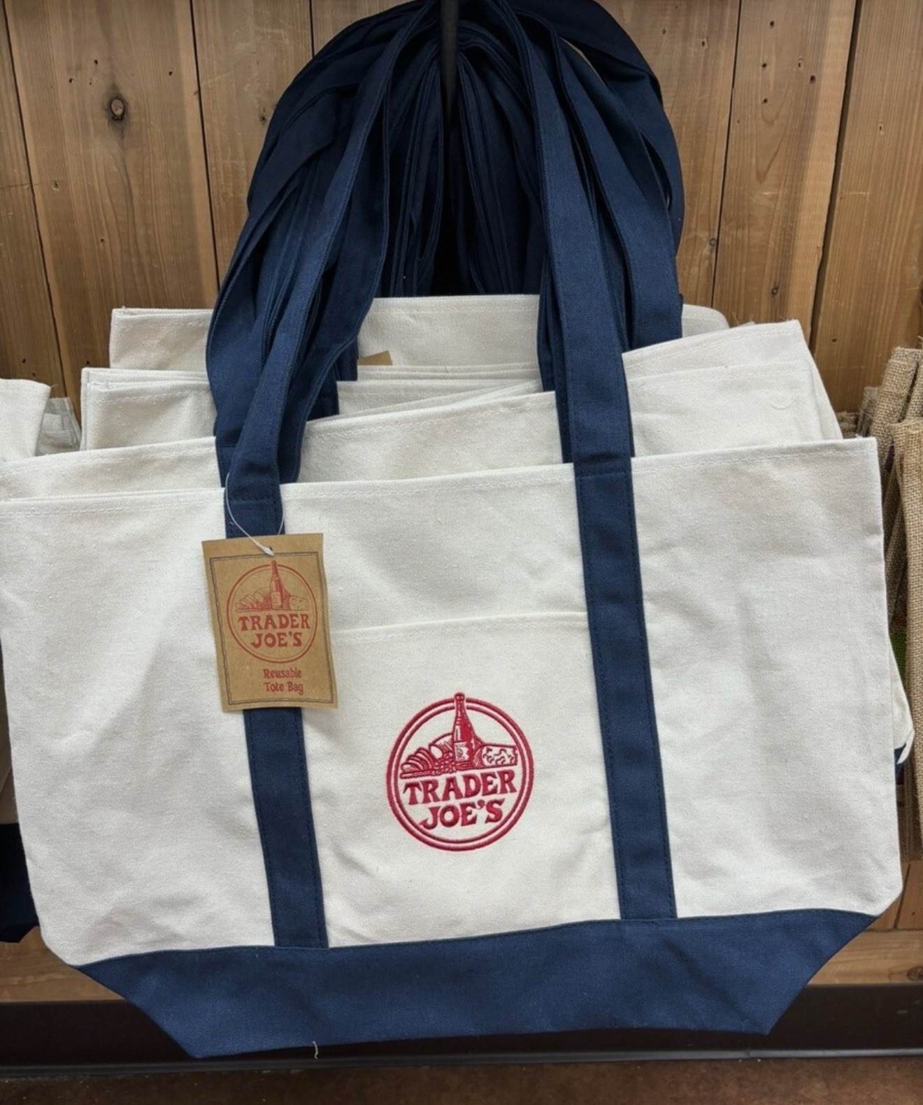 Trader Joe’s Reusable Foldable Canvas Tote Bag White Navy Blue