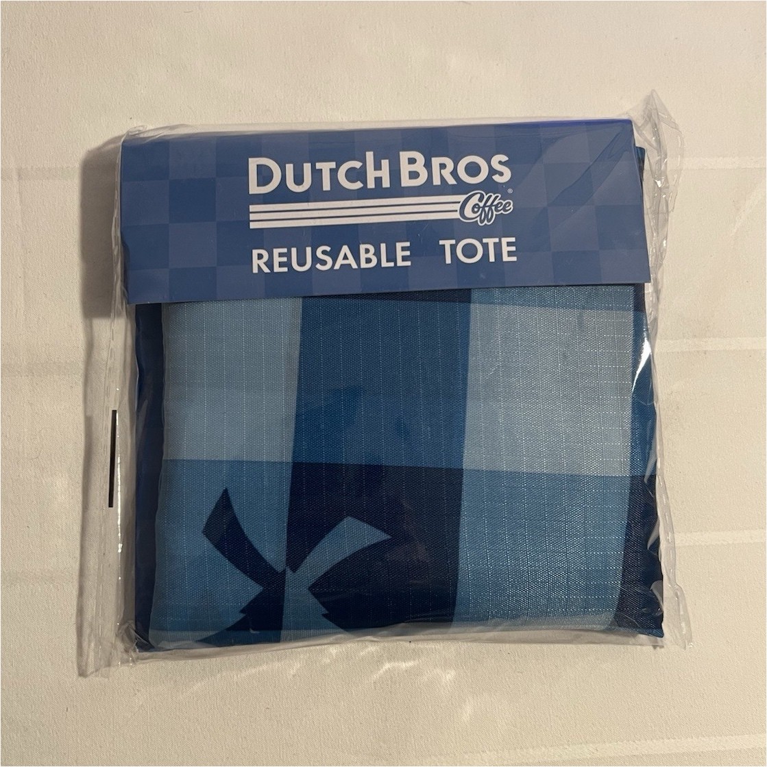 Dutch Bros Coffee Blue Checked Ripstop Nylon Reusable Foldable Tote Bag