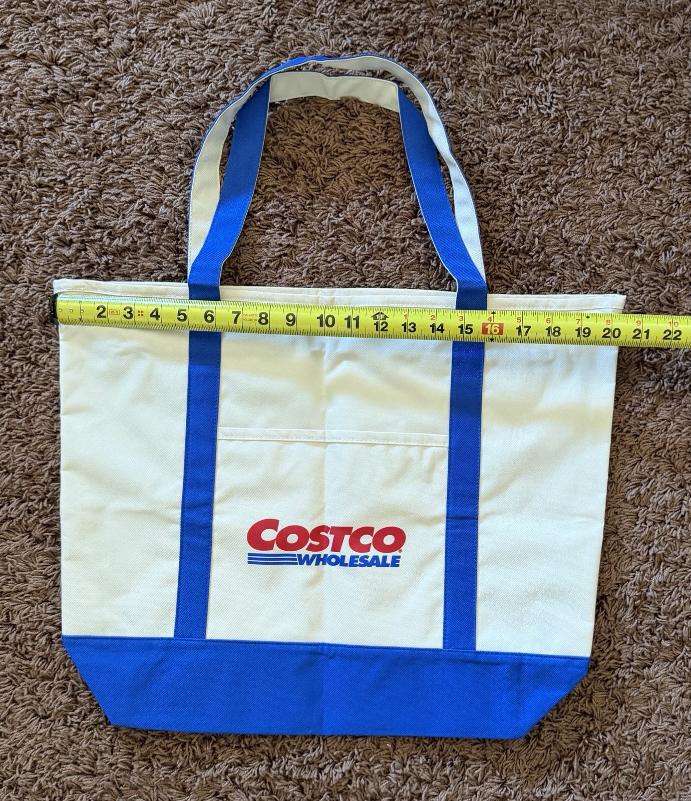 Costco Large Blue and White Zipper Cotton Canvas Shopping Tote Bag Reusable 16”