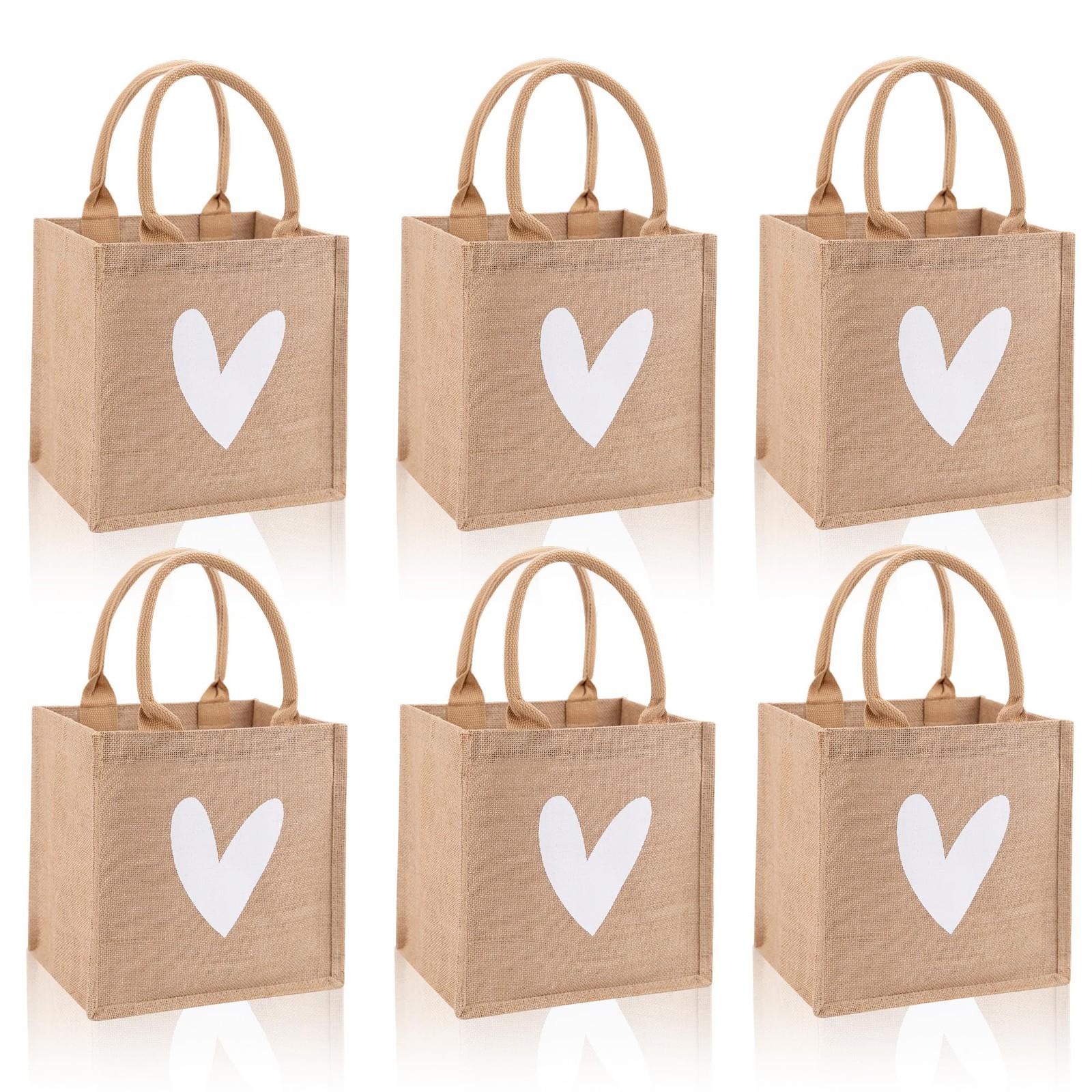 6 Pack Burlap Tote Bags with Handles Only One White Heart Printed Reusable Ju…