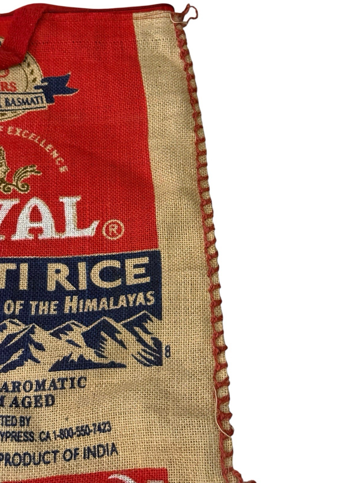 Royal Basmati Rice Zipper Tote Bag Upcycled Burlap Grocery Market Bag