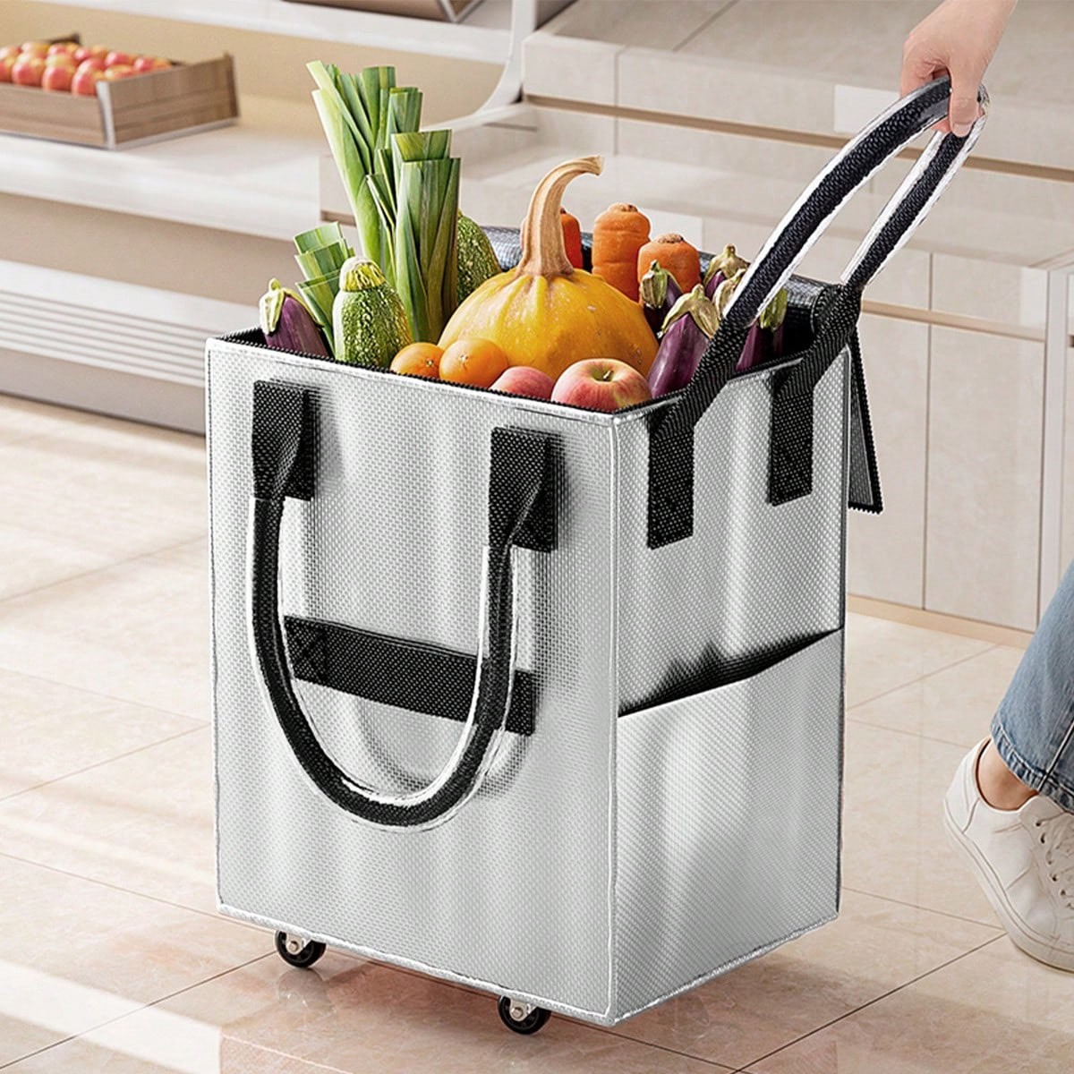 Large Rolling Shopping Tote Bag with Wheels Travel Market Cart Organizer