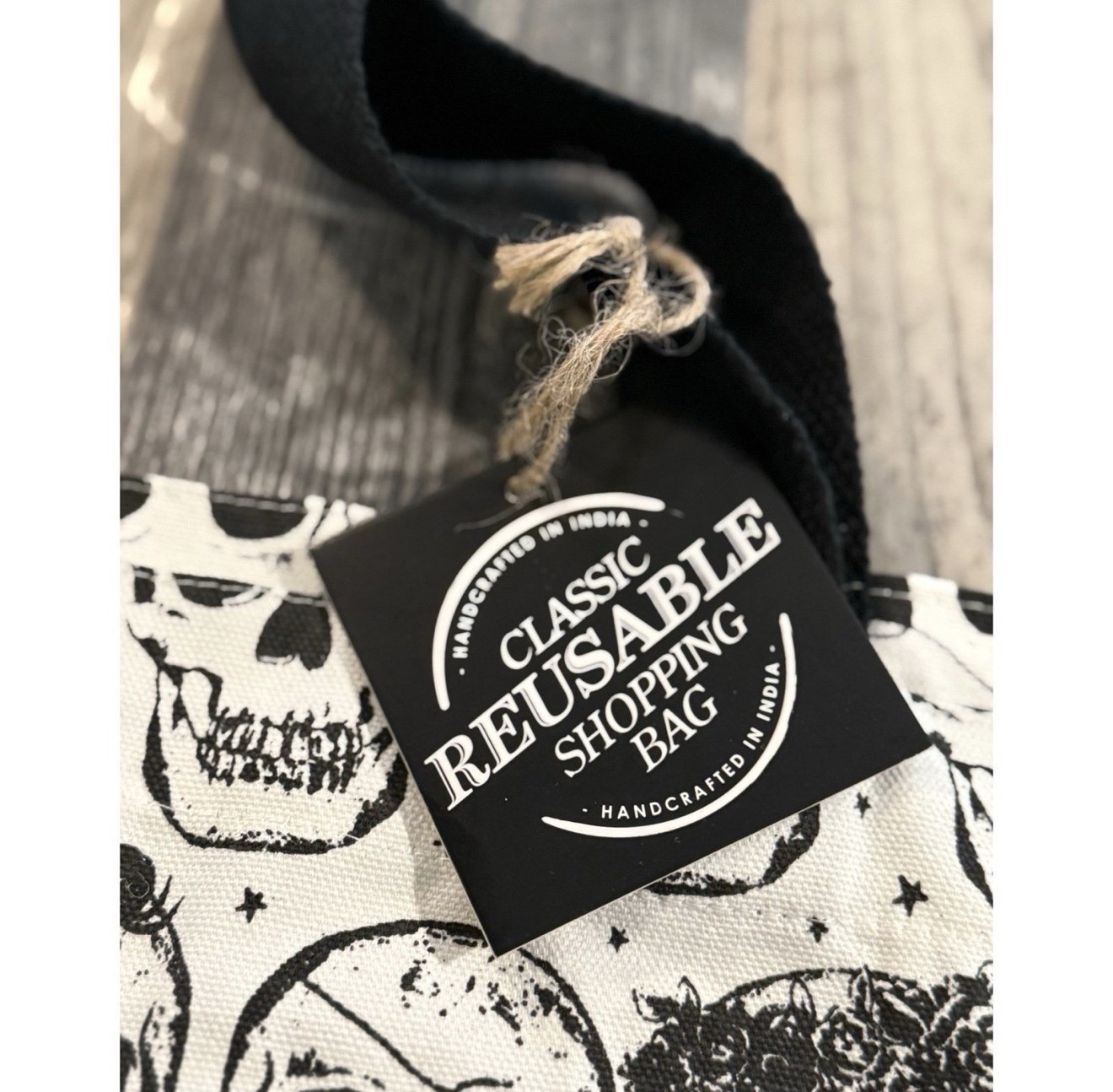 Beige & Black Skulls Halloween 100% Cotton Canvas XL Reusable Shopping Tote Bag