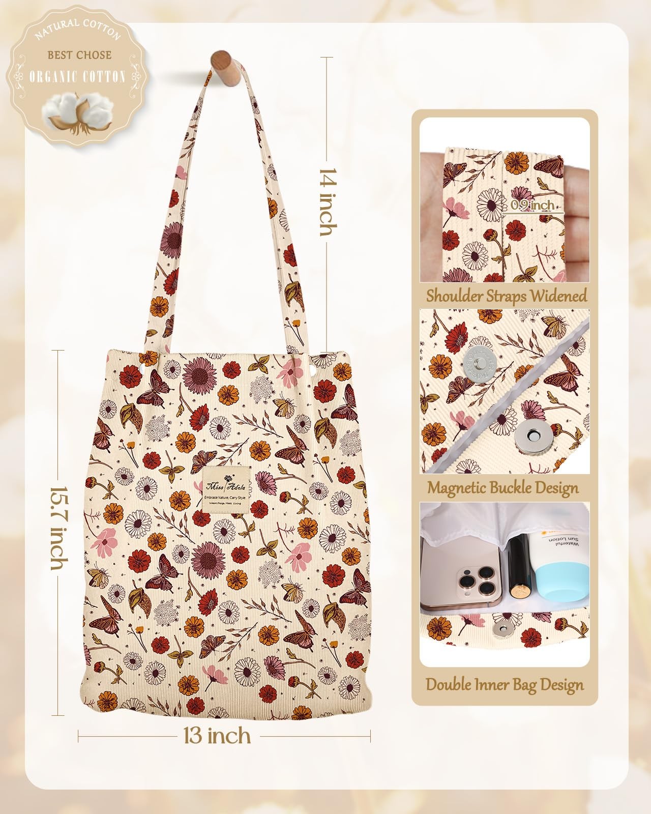 Miss Adola Aesthetic 2 Pack Corduroy Tote Bag – with Corduroy Makeup Pouch Ba…
