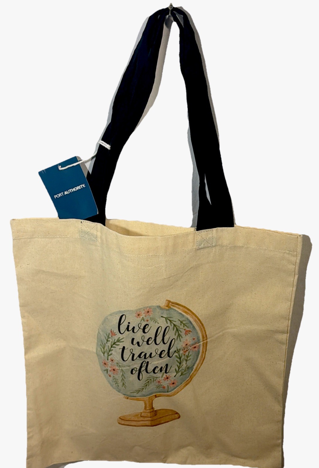 Port Authority Canvas Tote Bag Live Well Travel Often Globe Graphic 15×16