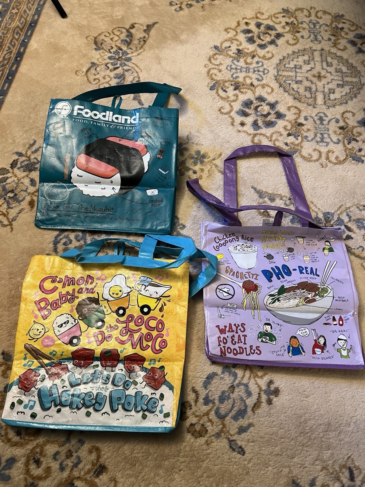 Foodland Hawaii Set Of 3 Reusable Tote Bags ~ Spam Musubi Pho Noodles Pun Poke