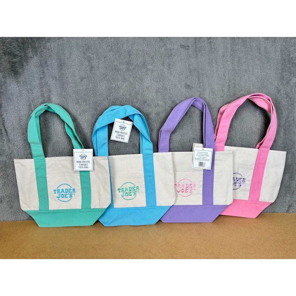 2025 Trader Joe’s Mini Pastel Canvas Tote Bag Set of 4 Teal Blue Purple Pink NEW