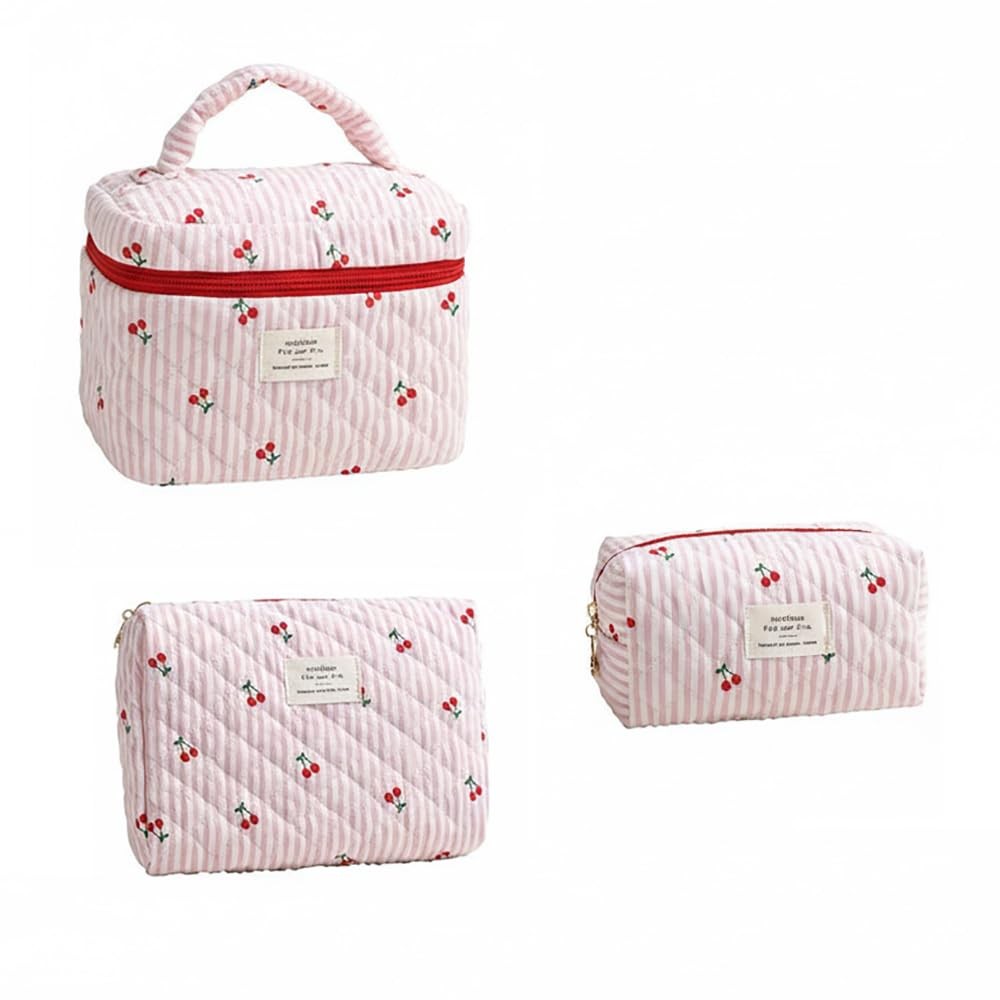 MSGHER Cherry Quilted Makeup Bag Set with Stripes Travel Toiletry Bags Pink