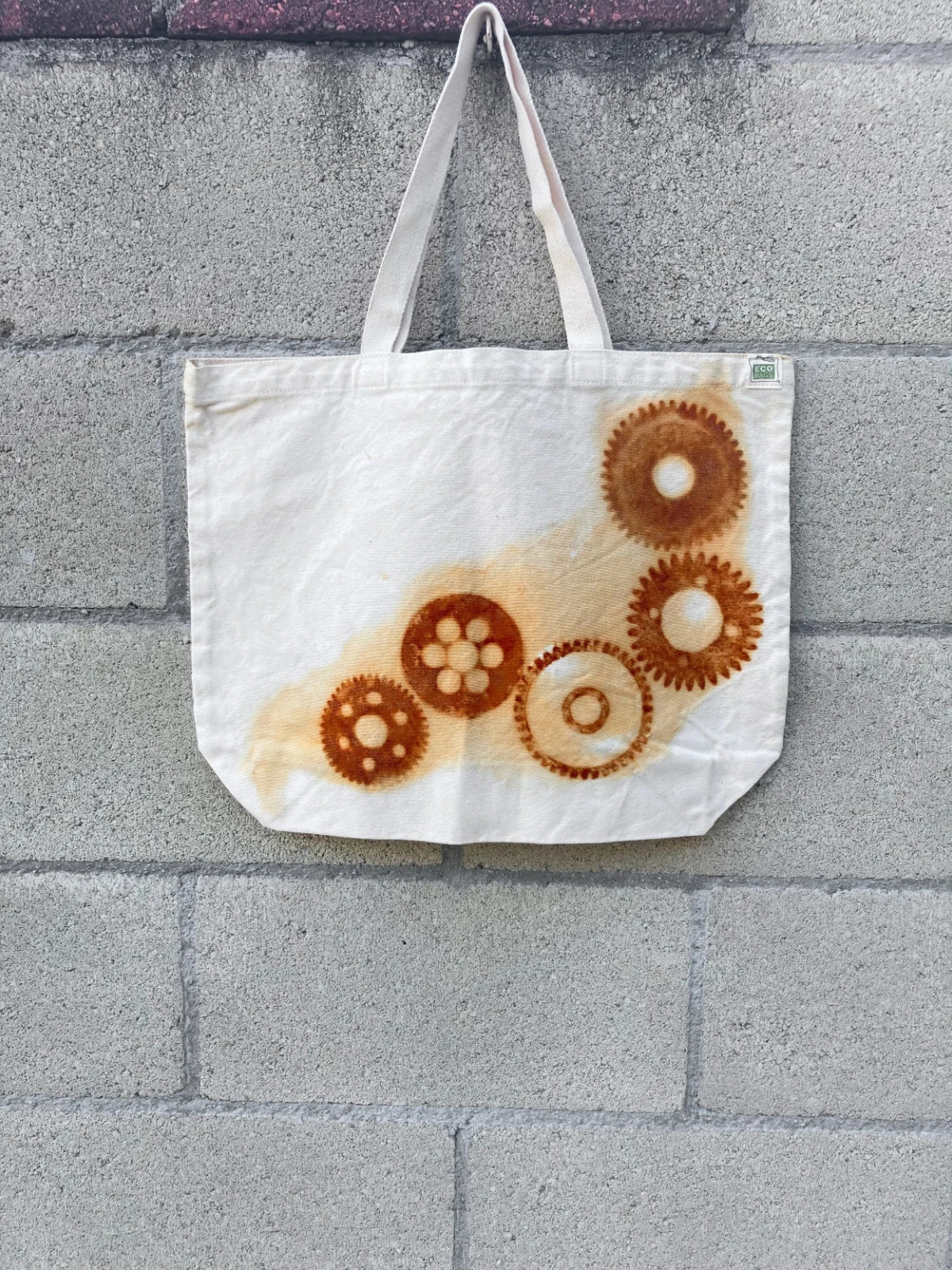 Organic Cotton Farmers Market Tote Bag Rusty Gears Handmade XL 18×14.5 Rust Dyed
