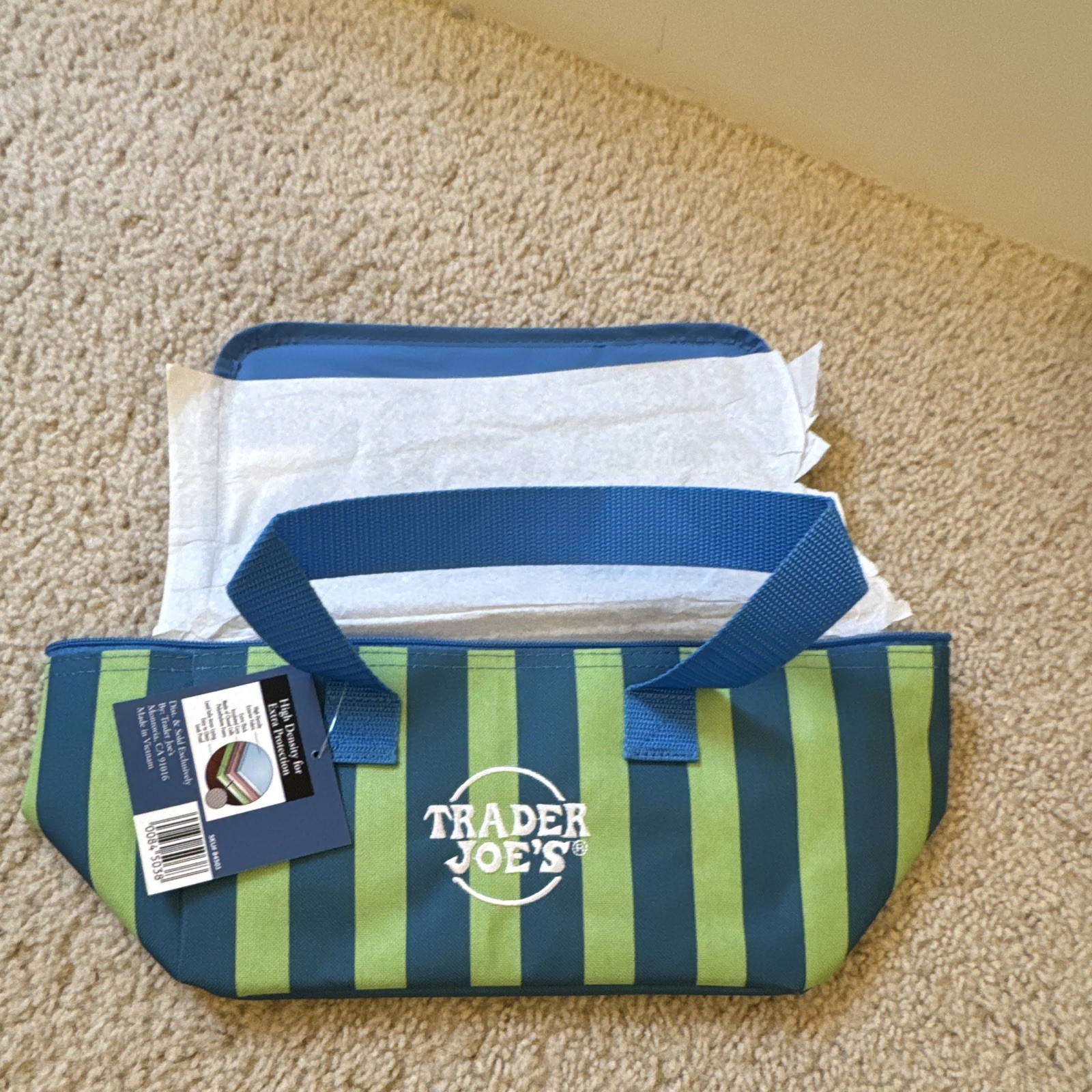 Trader Joe’s Reusable Shopping Bag Blue/Green Striped 20cm L 16in H 6in W