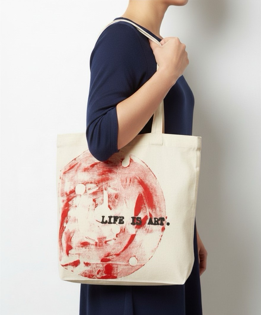Canvas Reusable Shopping Bag ‘Life Is Art’ Print Beige Red Foldable 13x12in