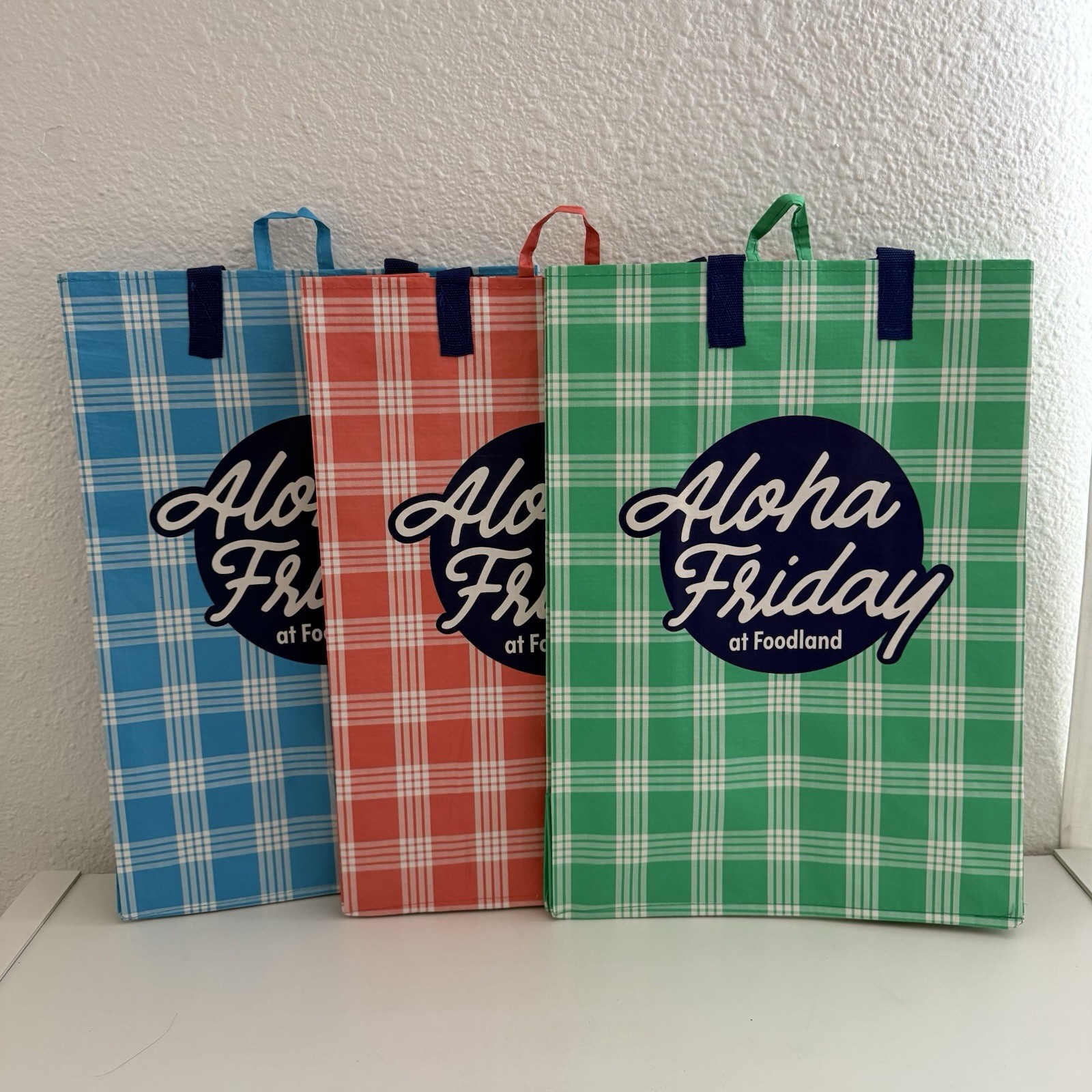 (3) Hawaii Foodland Reusable Gift Shopping Bag Tote Palaka (Plaid) Aloha Friday