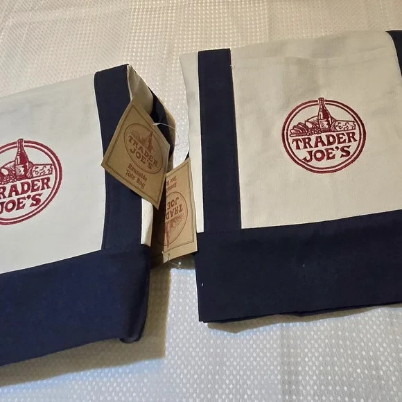 Trader Joe’s Blue Classic Lot 2 Canvas Large Cotton Tote Bag- Made in Vietnam