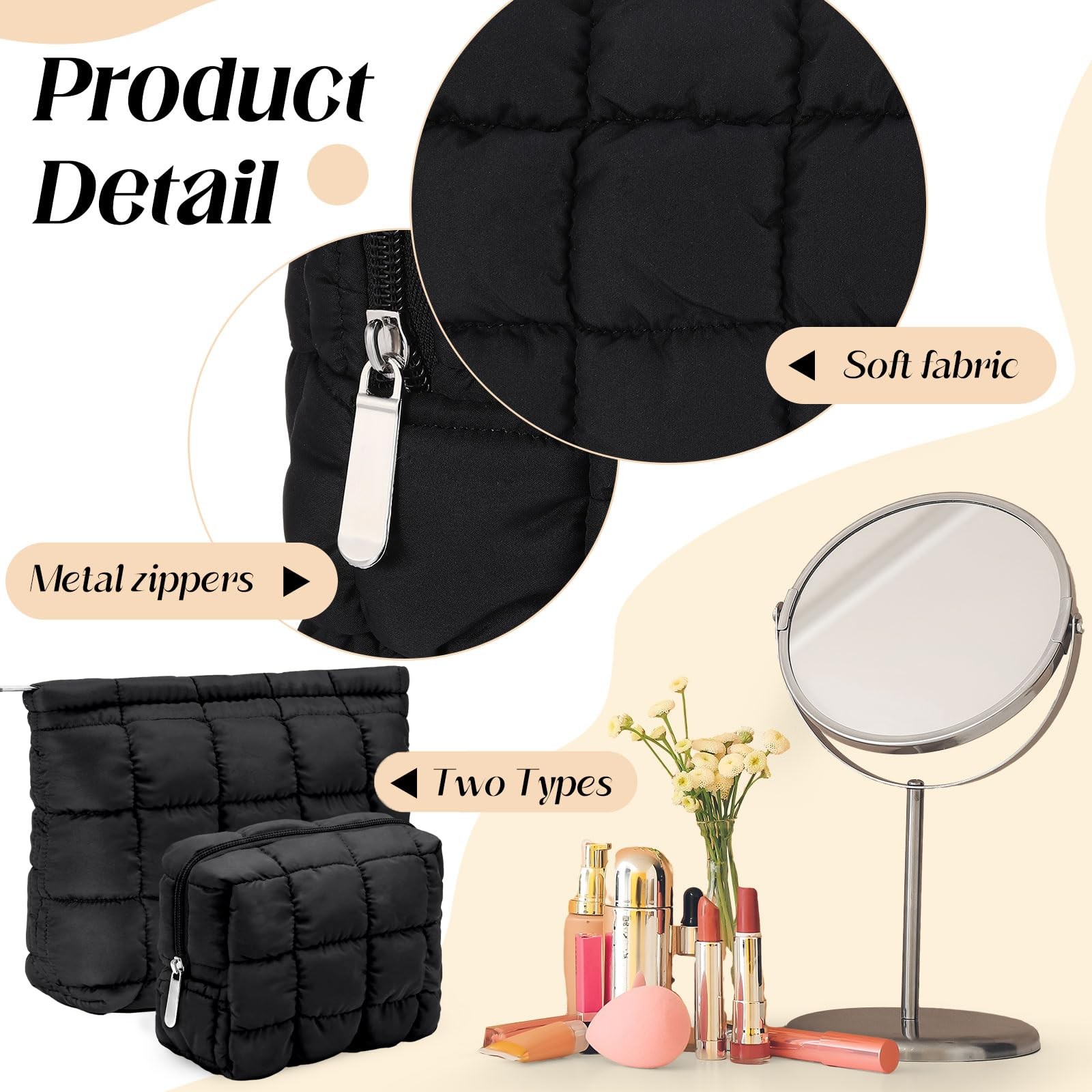 Huhumy 2 Pcs Puffy Makeup Bag 25 x 6 x 17cm/10 x 2.4 x 6.7inches, Black