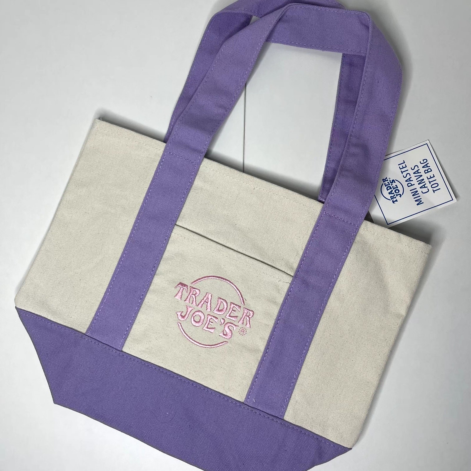 Set of 2 Trader Joe’s Canvas MINI Tote Bags Spring Color — PASTEL PURPLE + Pink!