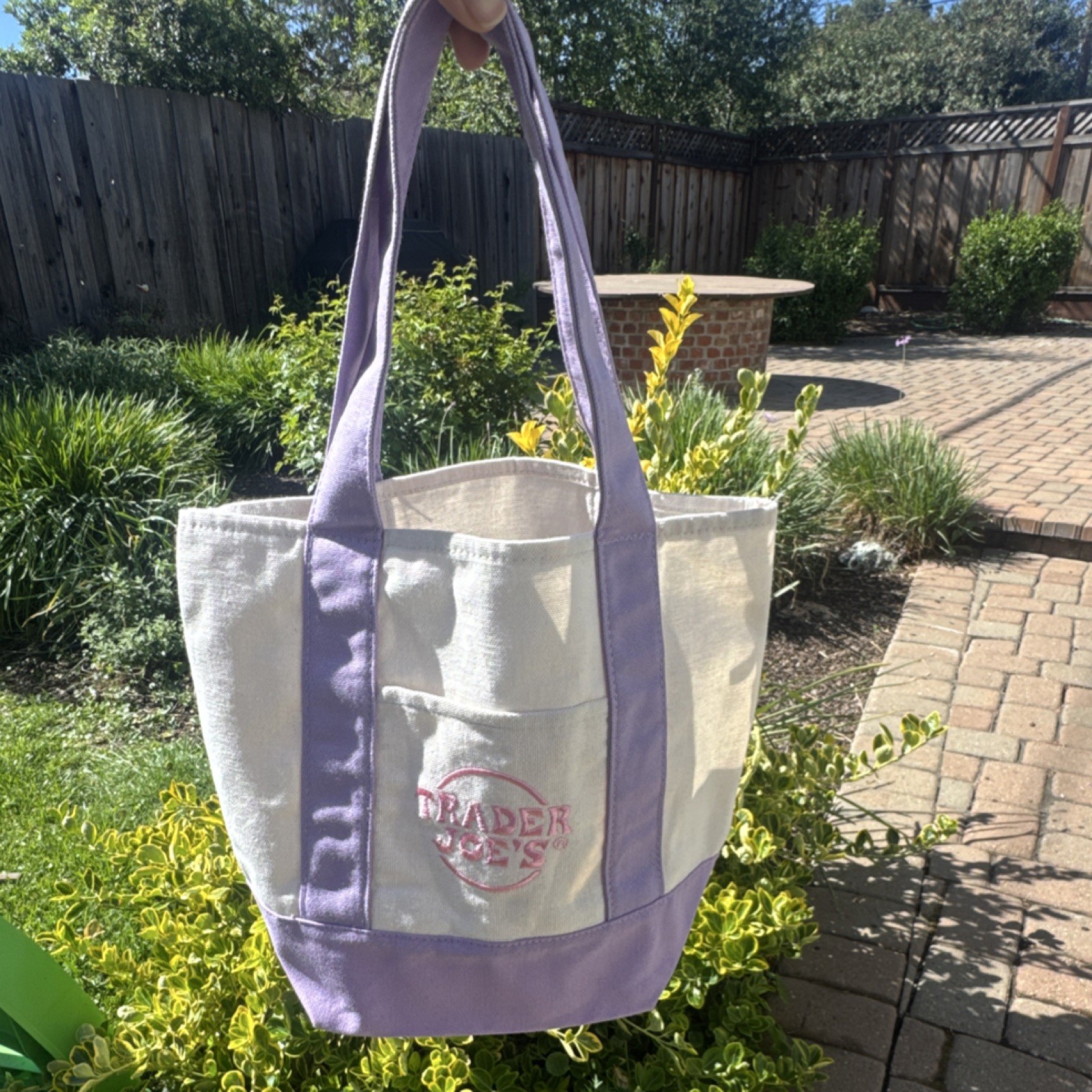 Trader Joe’s Foldable Reusable Shopping Bag Purple Beige Cotton Polyester