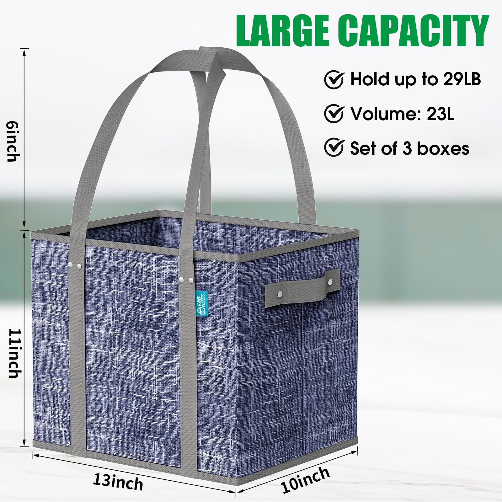 3 PCS Blue Reusable Grocery Bags Large Foldable Shopping Tote Hard Bottom
