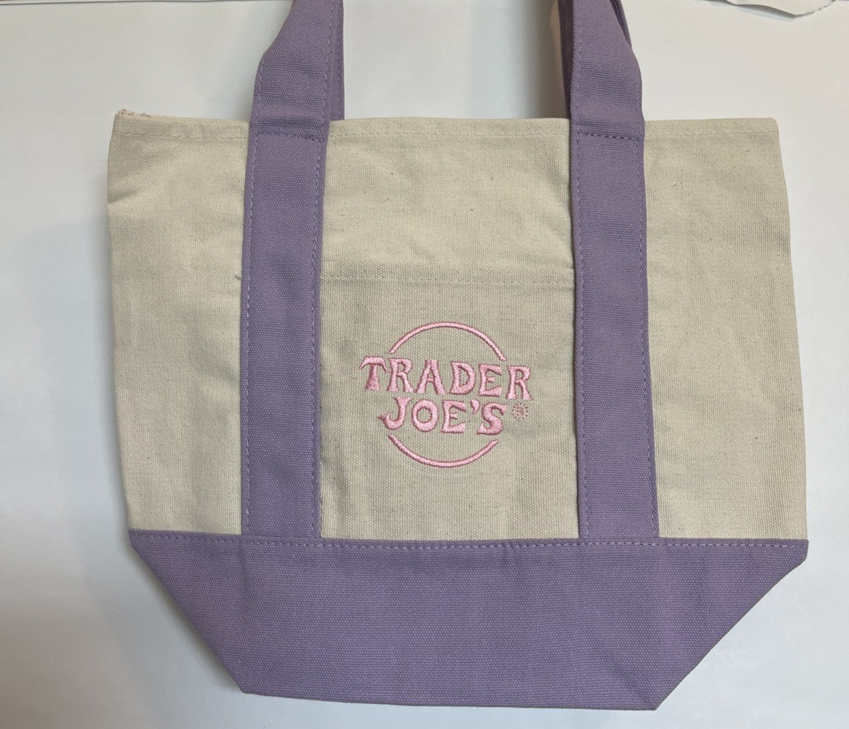 Trader Joe’s Mini Pastel Canvas Tote Bag Foldable Color Block Beige Purple