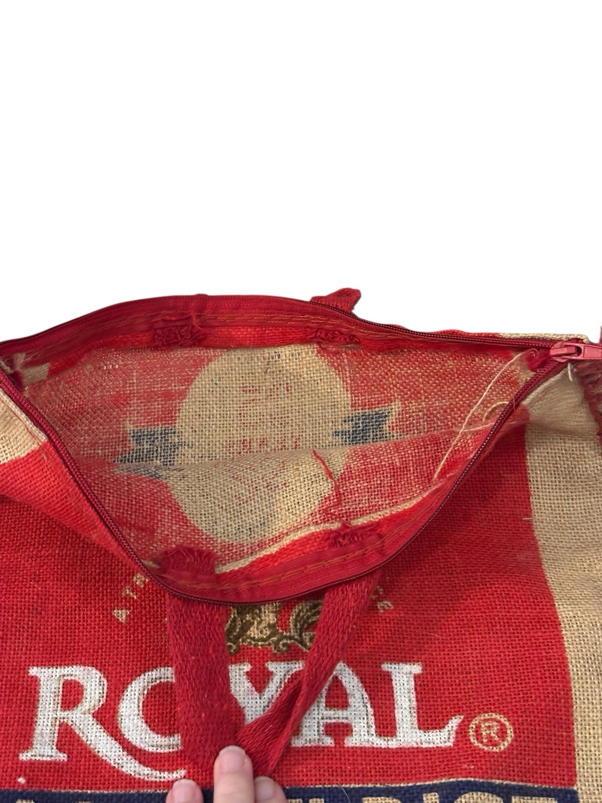 Royal Basmati Rice Zipper Tote Bag Upcycled Burlap Grocery Market Bag