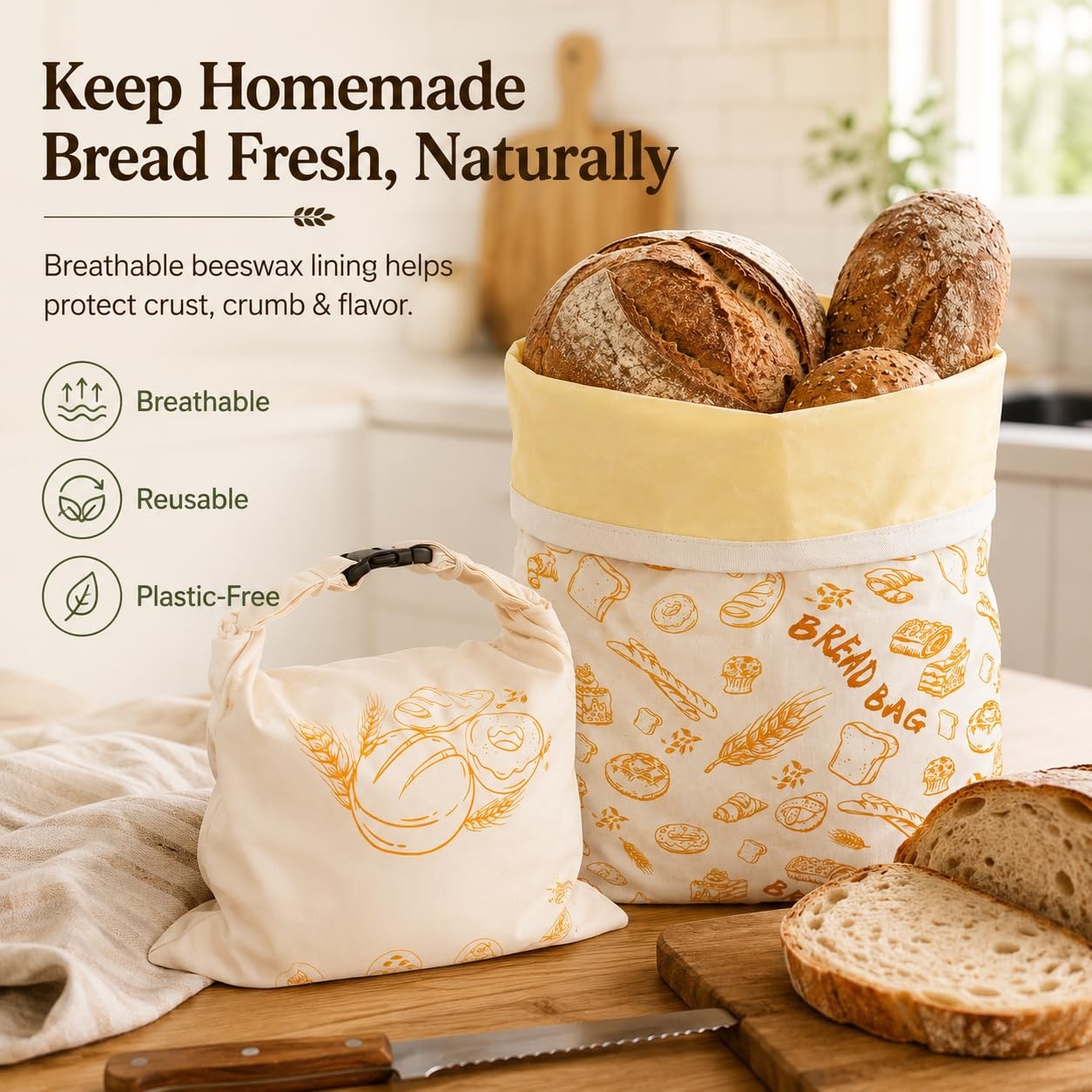 Beeswax Bread Bags for Sourdough, 2 Pack 17 x 13 Inch Reusable One Size, B