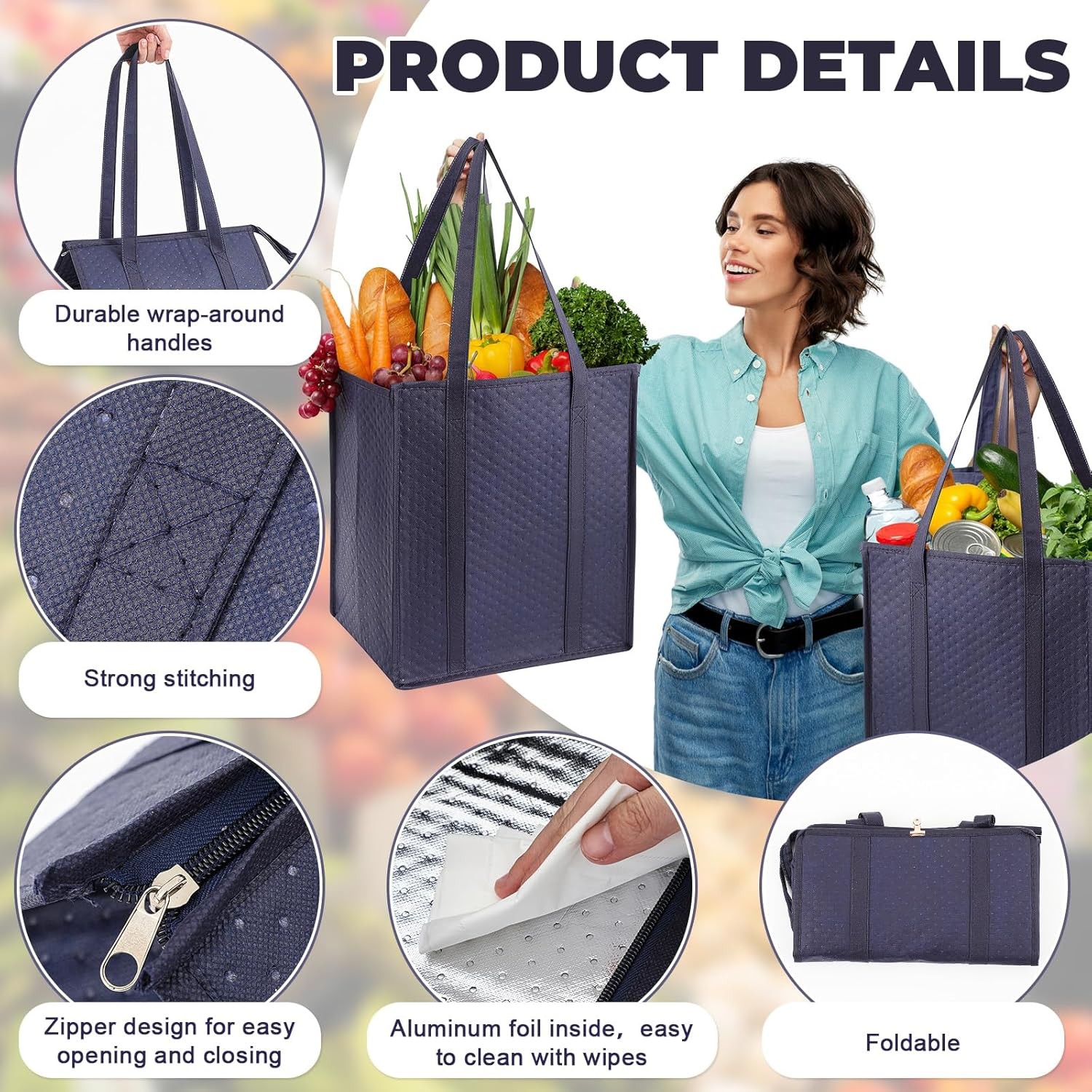 3 Pcs XL-Large Insulated Grocery Bags with Zippered Top & Handle-Reusable,